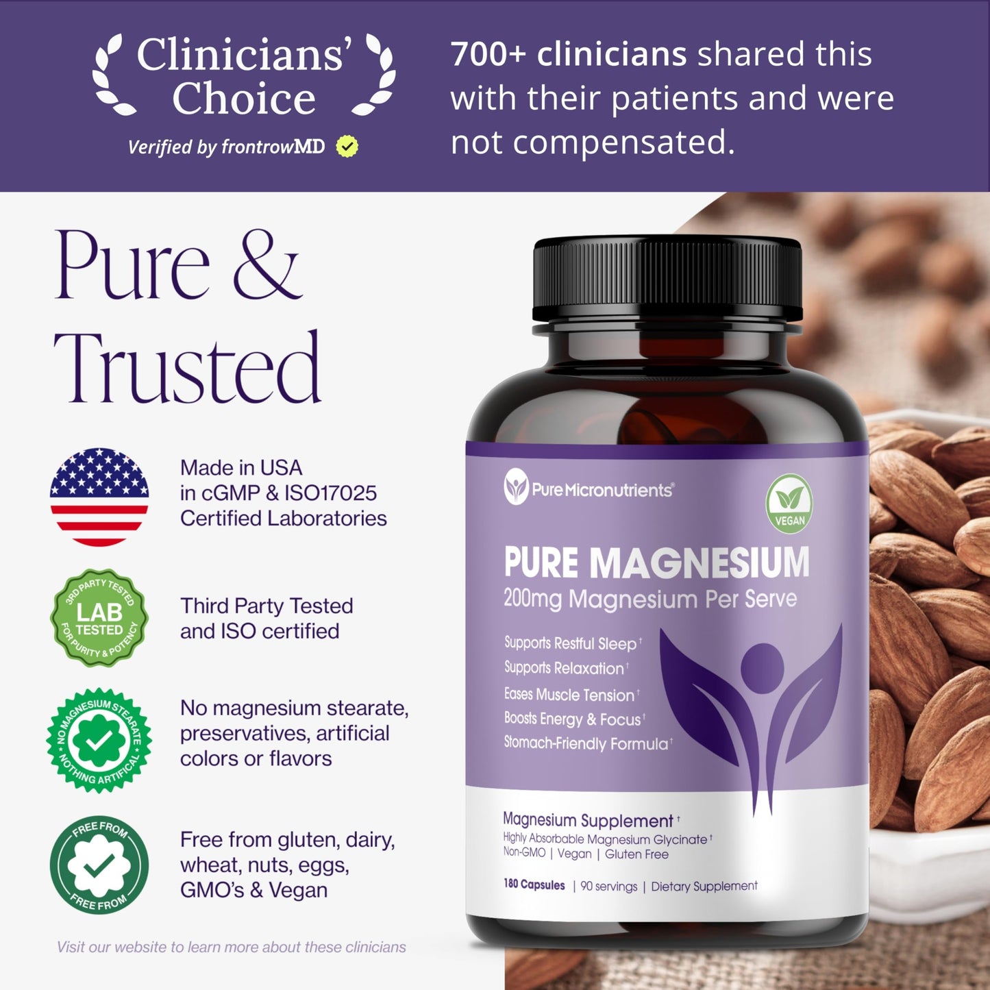 Pure Micronutrients Magnesium Glycinate Supplement, Highly Absorbable Chelated Magnesium to Support Sleep, Muscle & Nerve Health, Energy, Relaxation & Bone Health, 200mg Per Serving, 180 Capsules