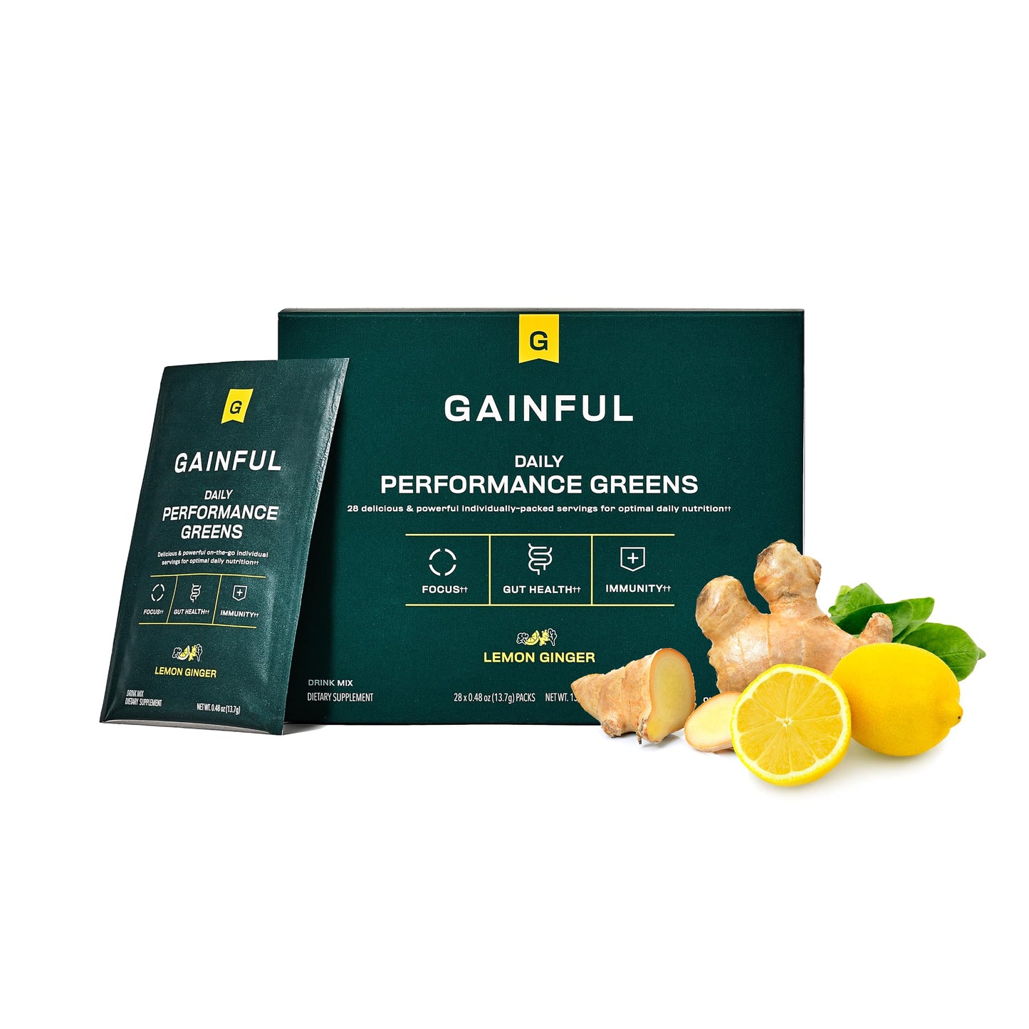 Gainful Daily Performance Greens Lemon Ginger Powder, 28 Packets
