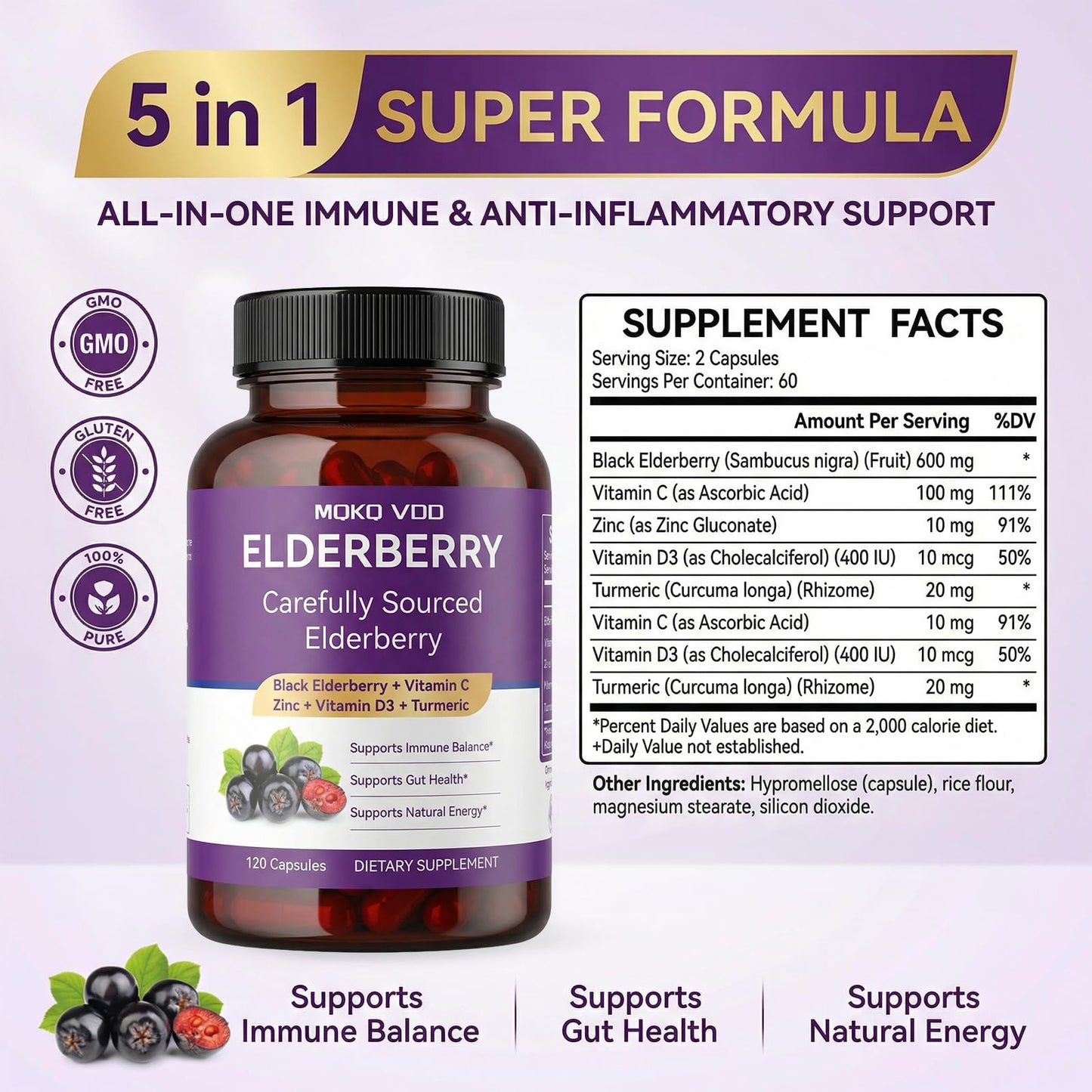 MQKQ VDD Elderberry Immune Support Capsules, 120 Capsules
