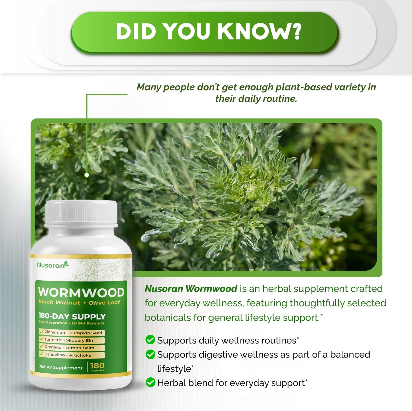 NUSORAN Premium Wormwood 12-in-1 with Black Walnut, Olive Leaf, Pumpkin Seed, Turmeric, Max Absorption, 180 Capsules