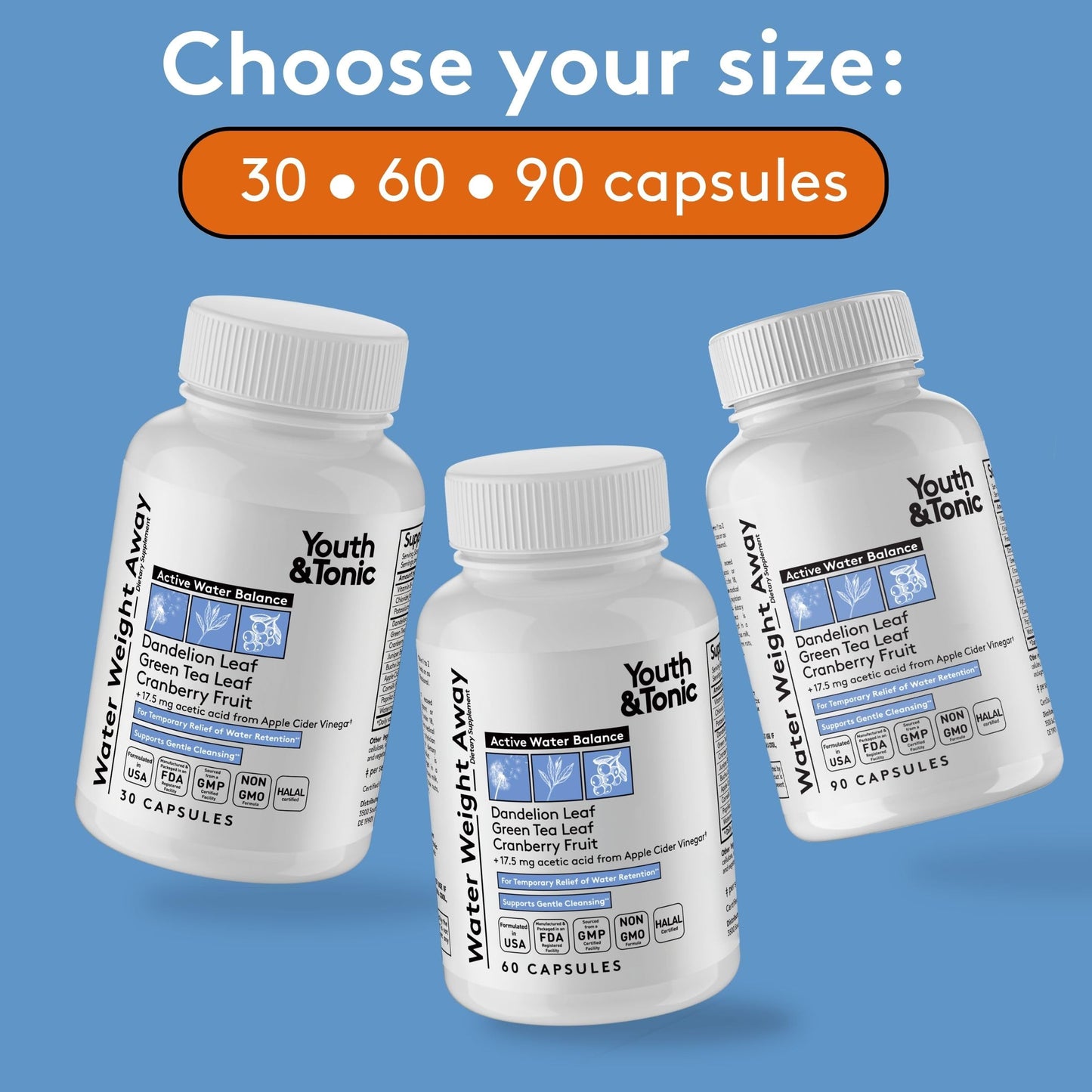 Youth & Tonic Water Pills for Fluid Retention Capsules, 90 Capsules