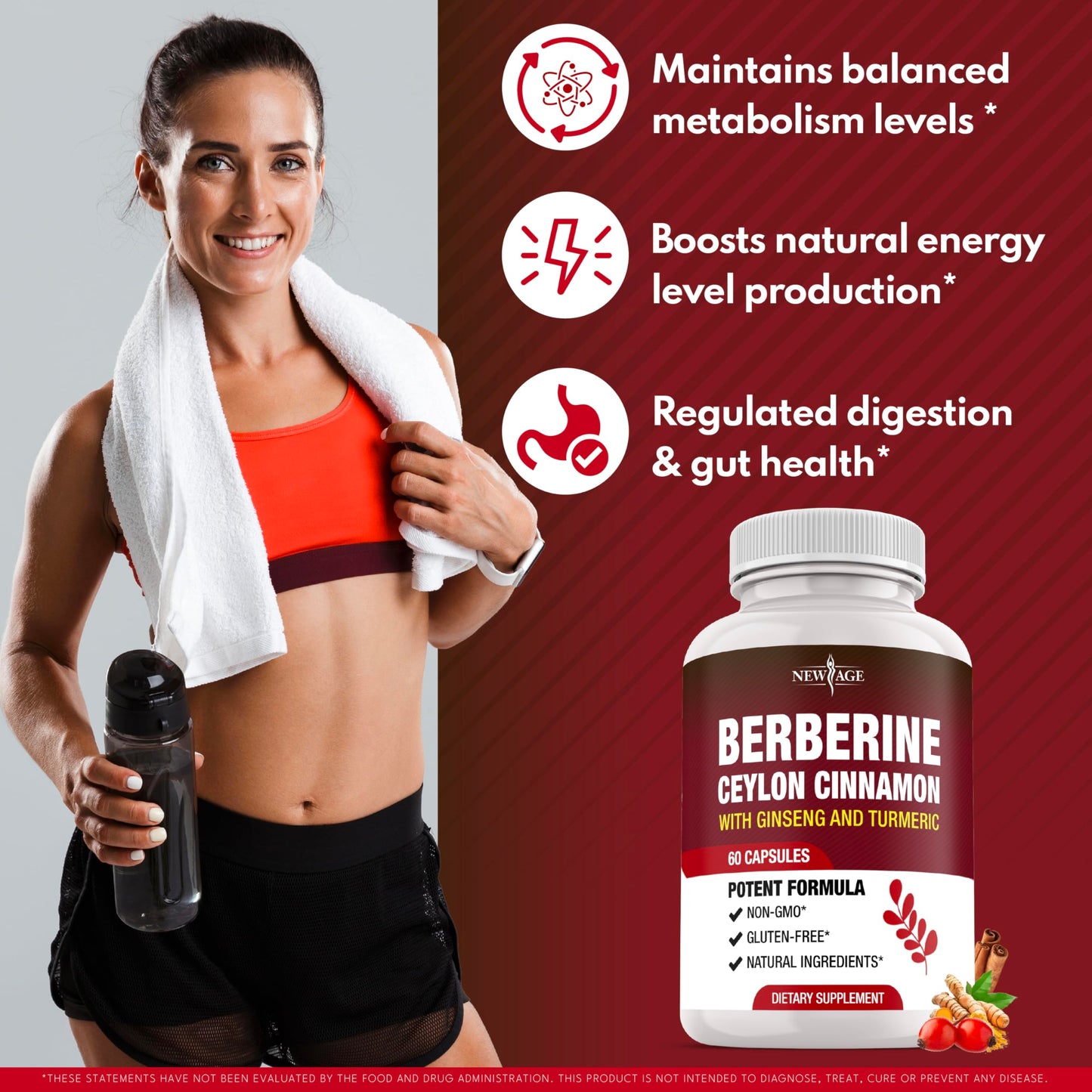 New Age Berberine HCL Plus Ceylon Cinnamon Turmeric Licorice Extract, Gymnema Sylvestre, Apple Cider Vinegar, Berberine HCI Root Supplements Capsules, 180 Count