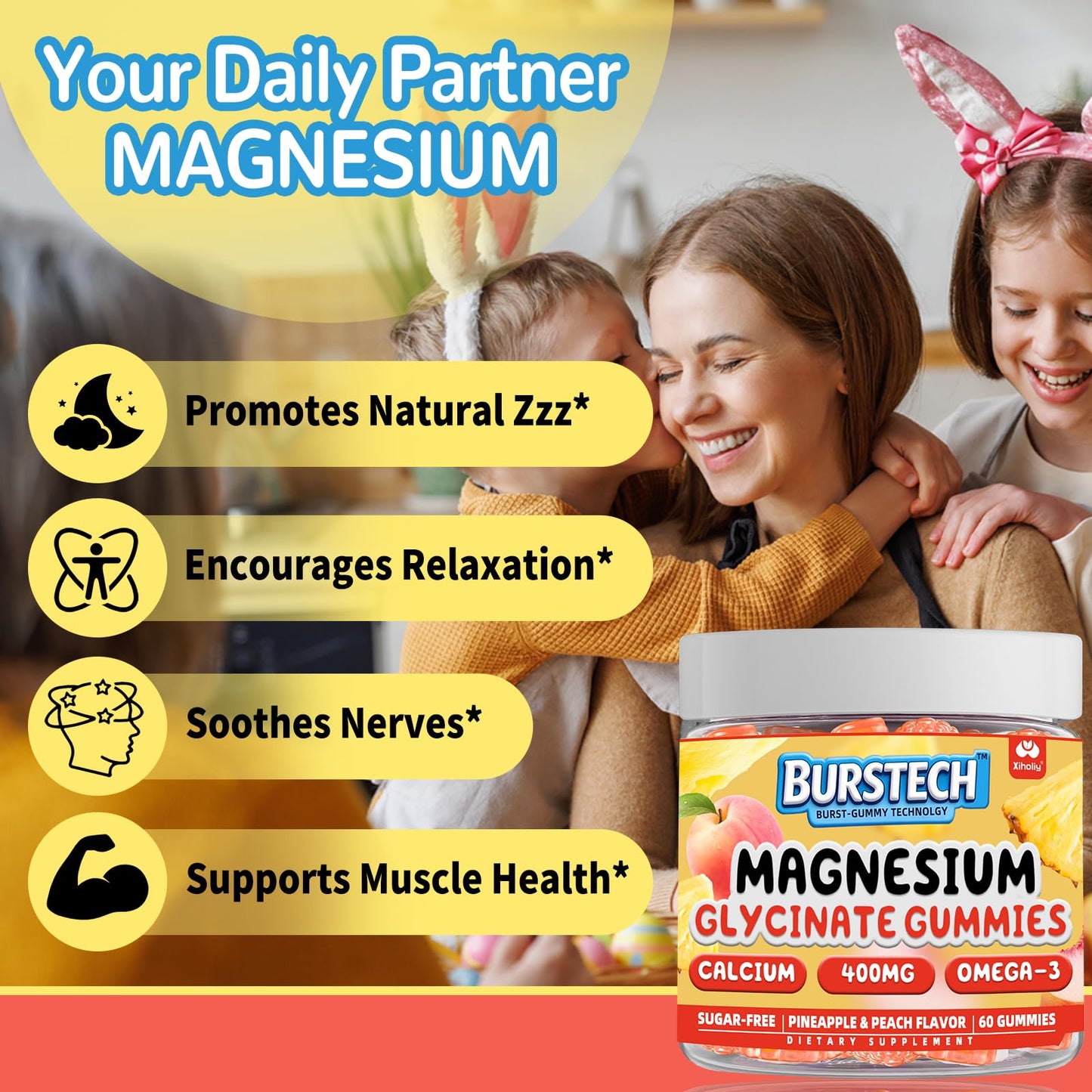 XIHOLIY Magnesium Glycinate Gummies 400MG for Adults & Kids, No Melatonin, 60 Gummies