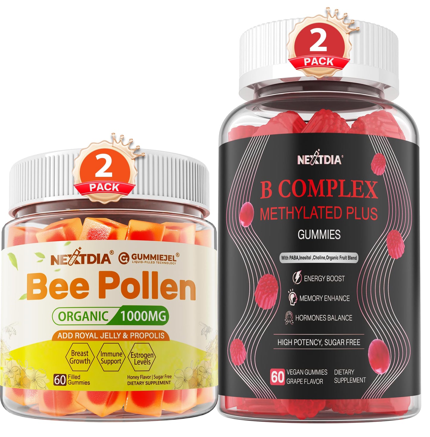 Nextdia Bee Pollen Gummies for Breast Growth Organic 1000mg, Vegan Super Methylated B Complex Vitamin, 180 Count