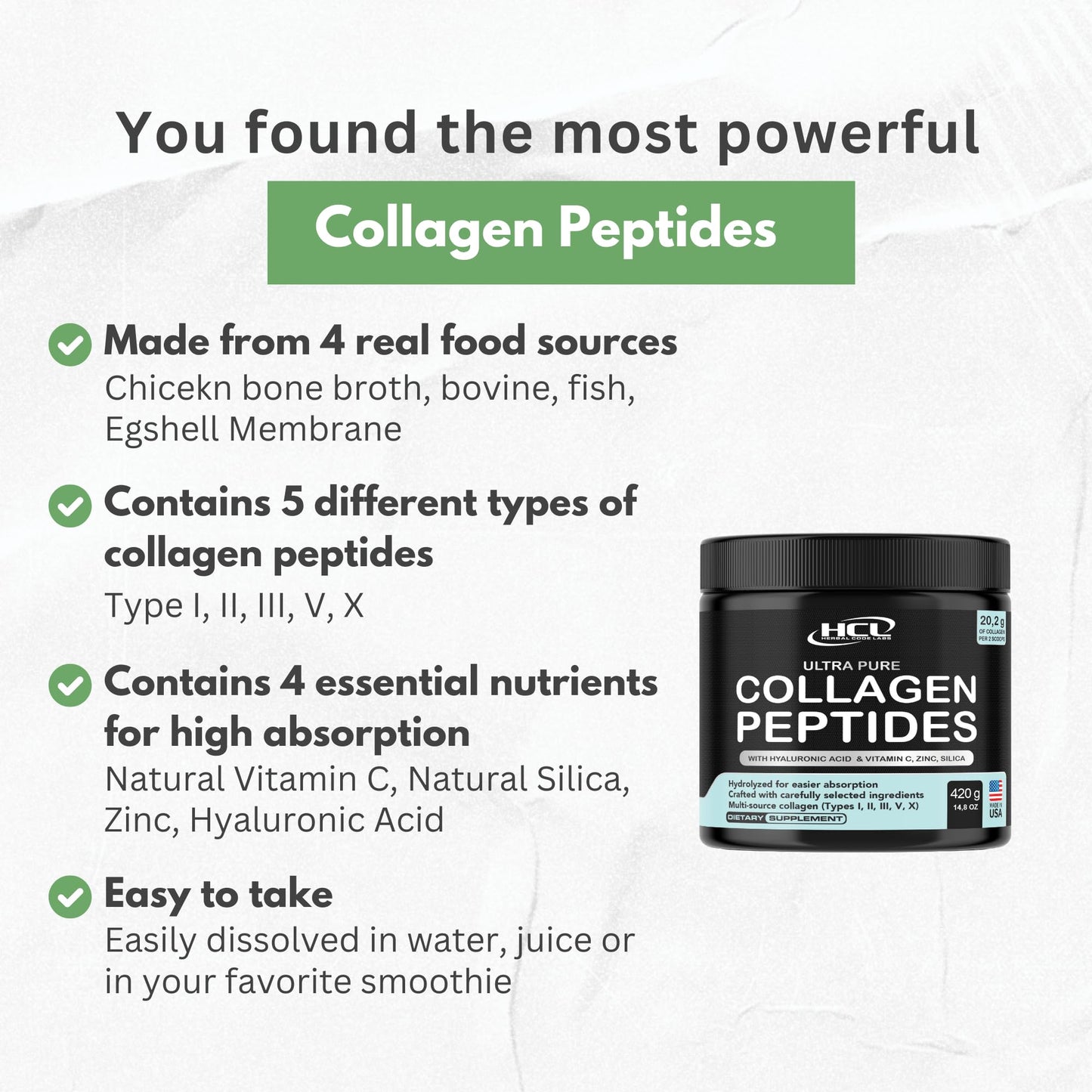 HCL Herbal Code Labs Collagen Peptides Powder with Vitamin C & Hyaluronic Acid 1 oz
