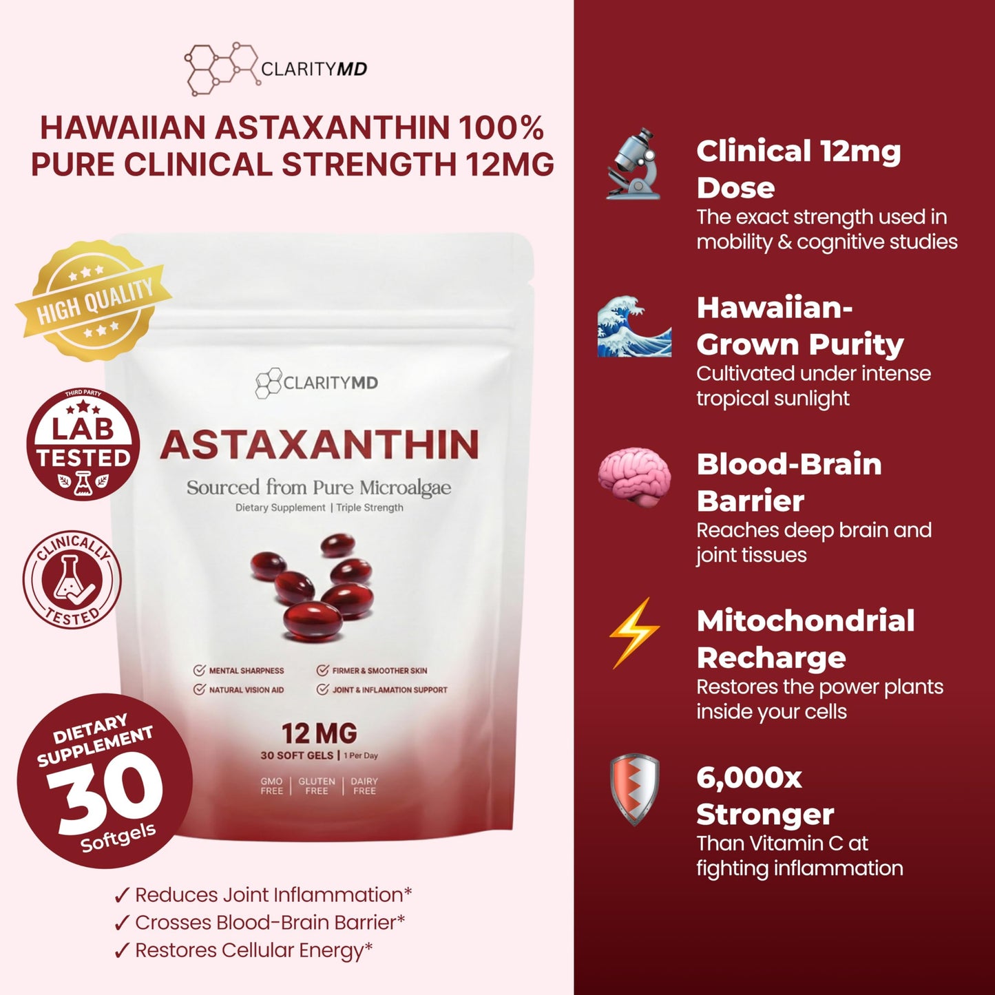 ClarityMD Astaxanthin 12mg Softgels, 30 Softgels