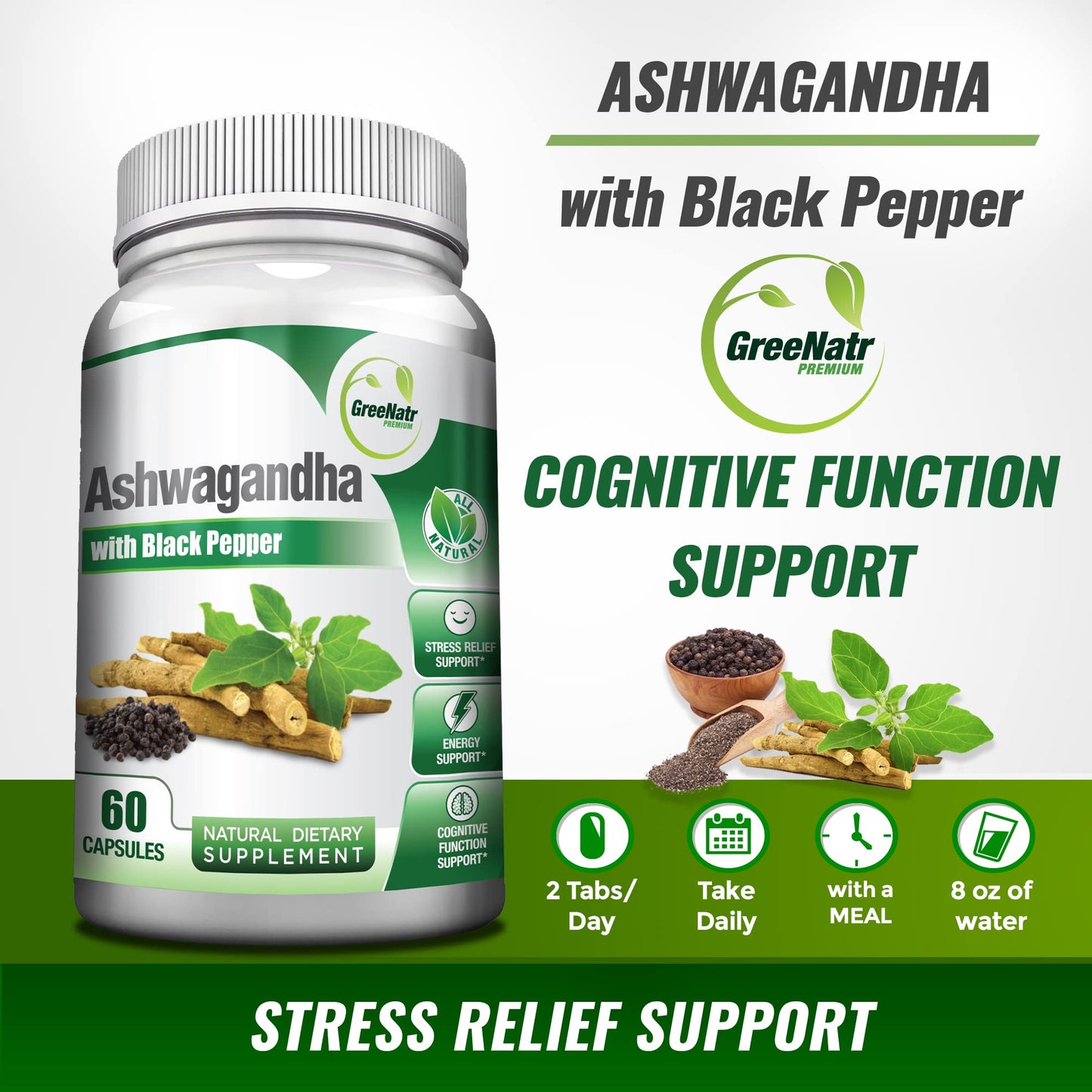 GreeNatr Organic Ashwagandha Capsules with Black Pepper for Enhanced Absorption, 60 Veggie Capsules