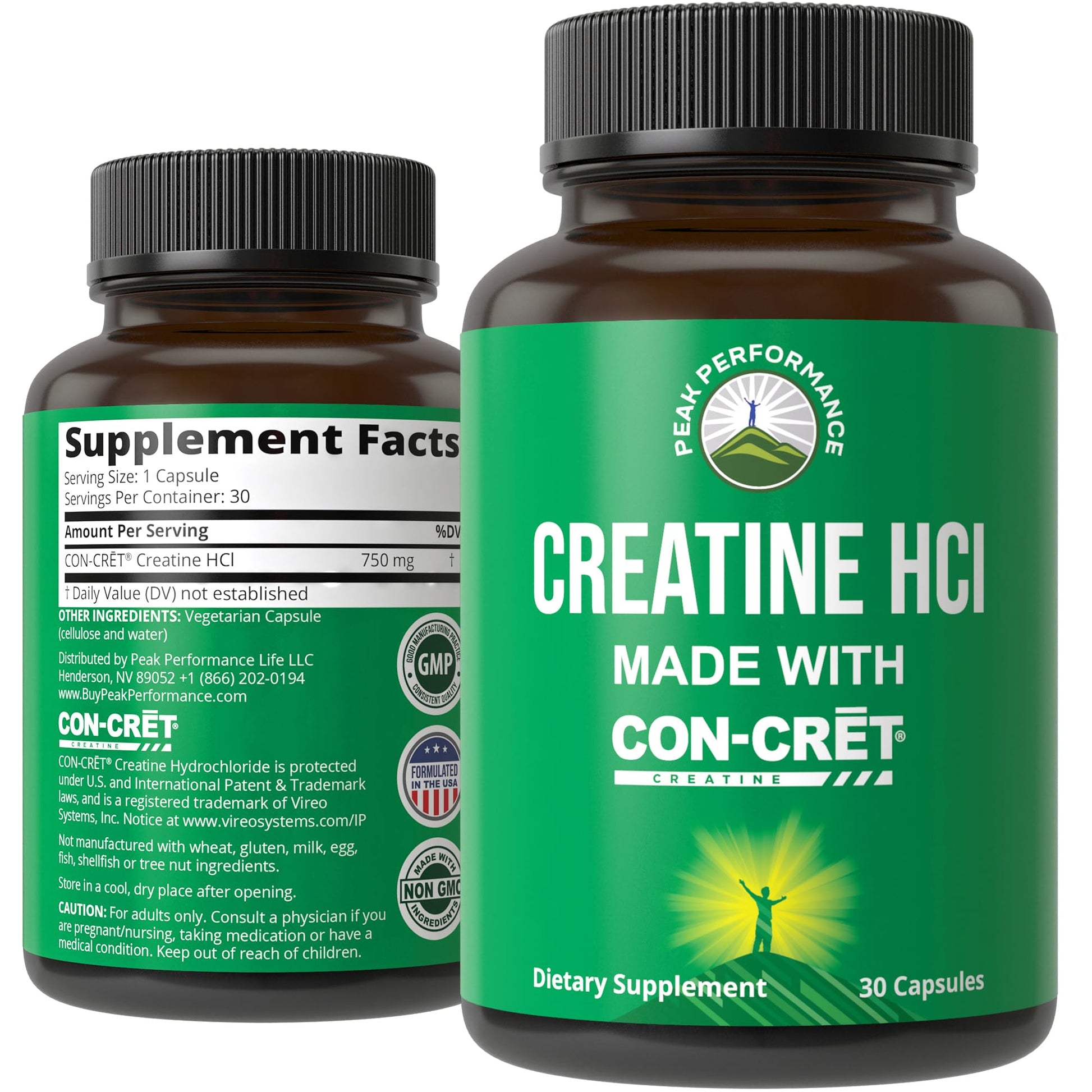 Peak Performance Creatine HCl Capsules Made with CON-CRET, 30 Count