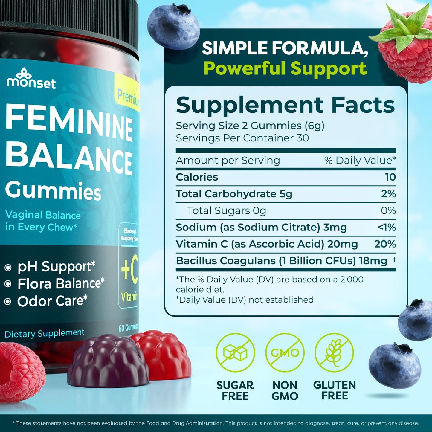 MONSET Feminine Balance Gummies Vaginal Probiotics pH Balance & Odor Control Berry Flavor Vaginal Health Supplement, 60 Gummies