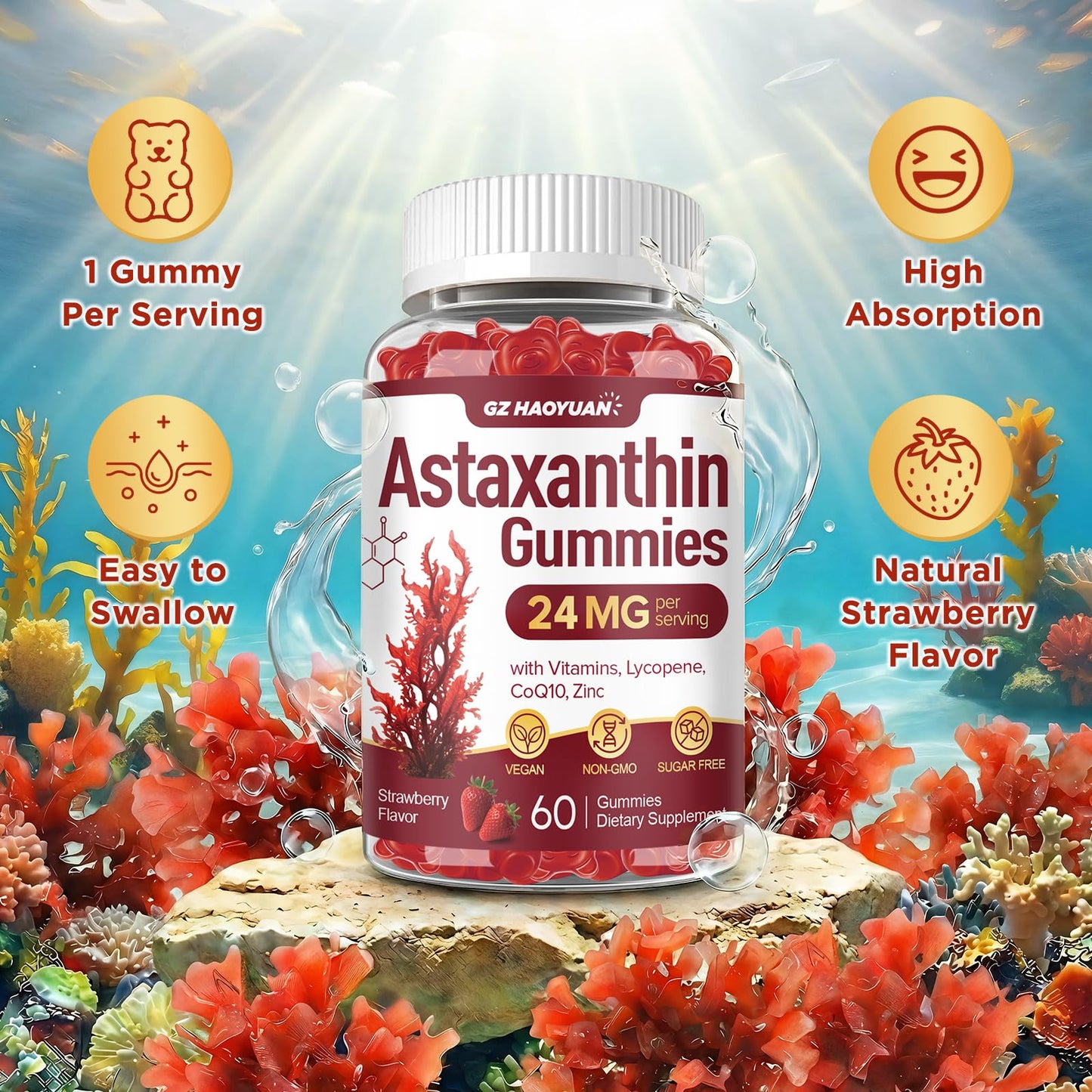GZ HAOYUAN Astaxanthin Gummies 24mg 60 Count