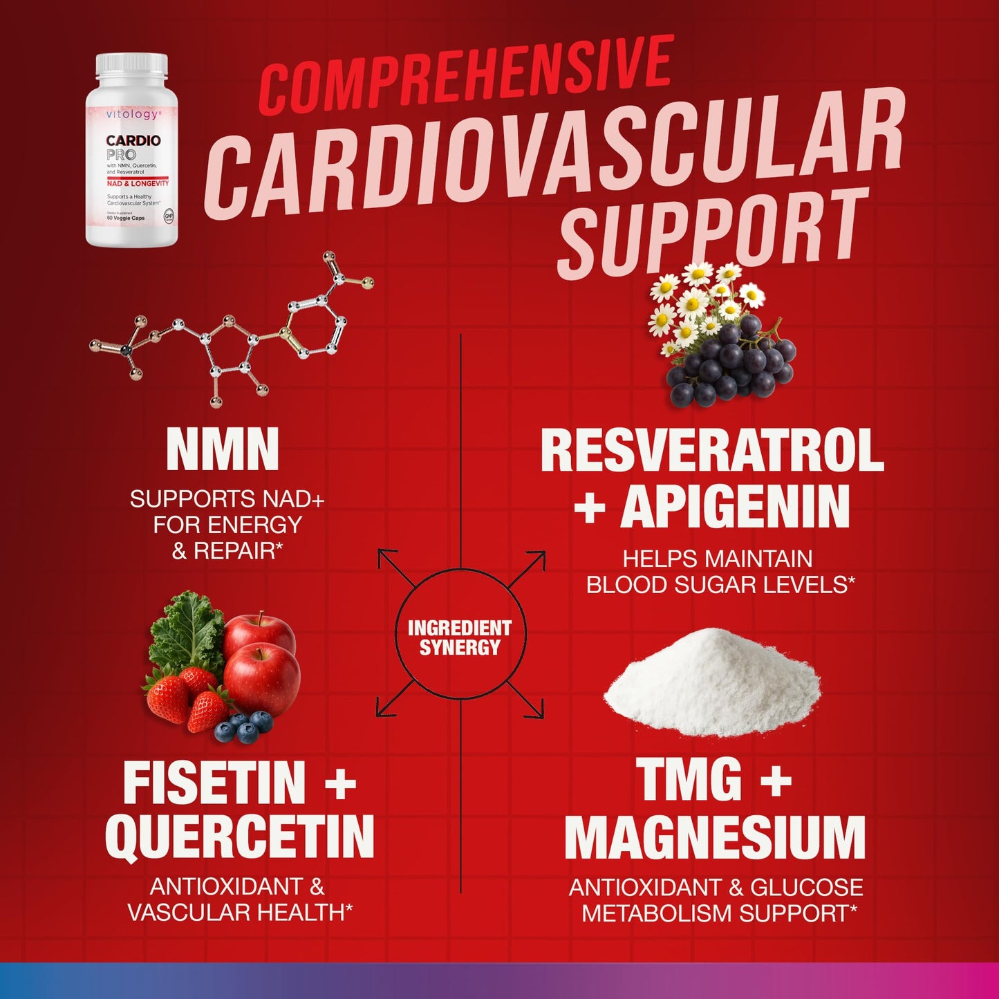 Vitology N.A.D.+ Longevity Cardiovascular Support Supplement with NMN, NR, Resveratrol, Fisetin, Quercetin, TMG & Apigenin, 60 Veggie Capsules