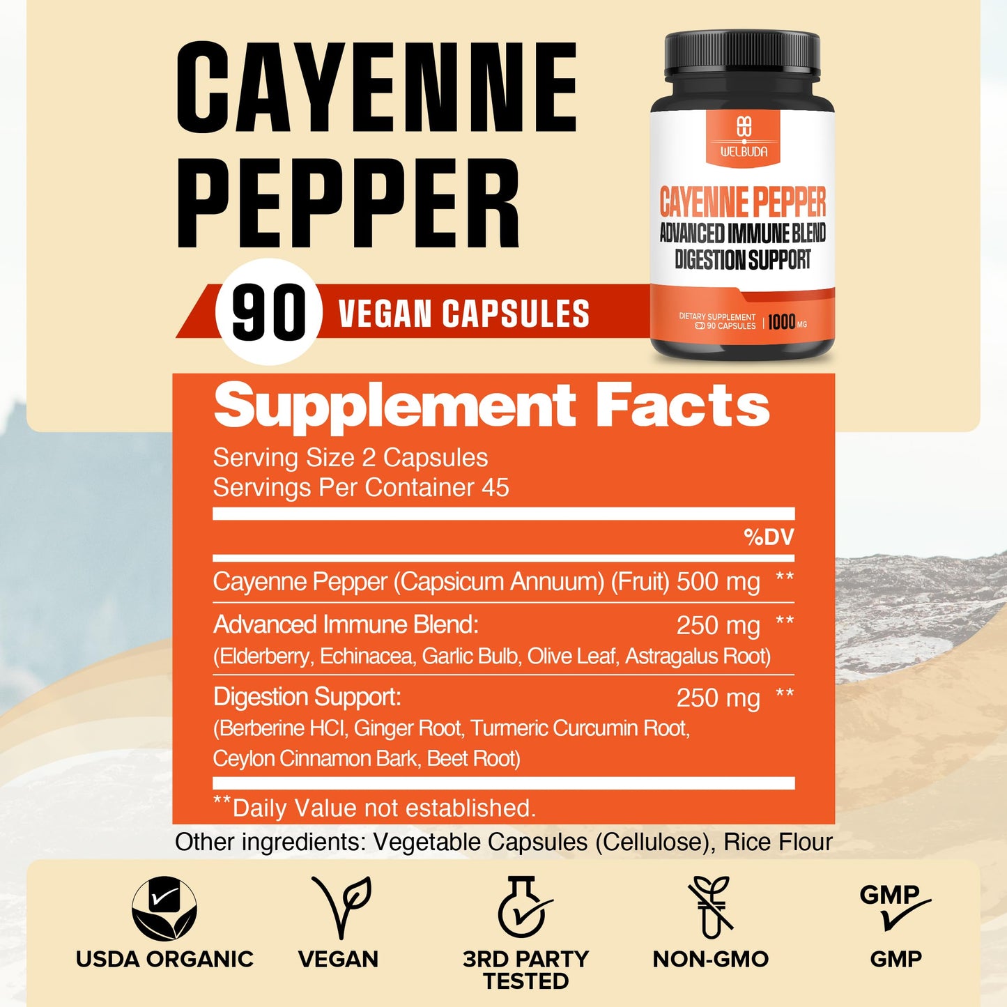 WELBUDA Cayenne Pepper 1000mg Capsules, 90 Veggie Capsules