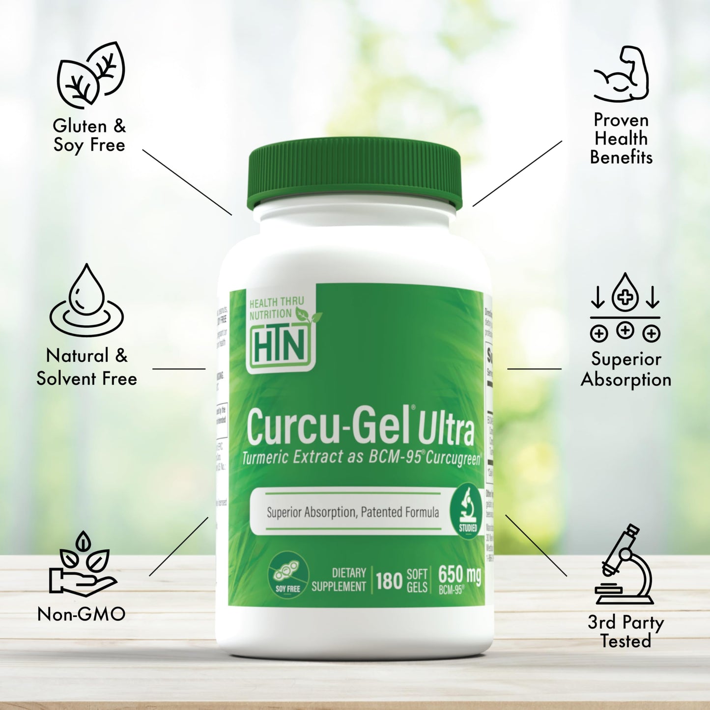 Health Thru Nutrition Curcu-Gel 650mg BCM-95 CurcuGreen Turmeric Curcumin Capsules, 180 Count