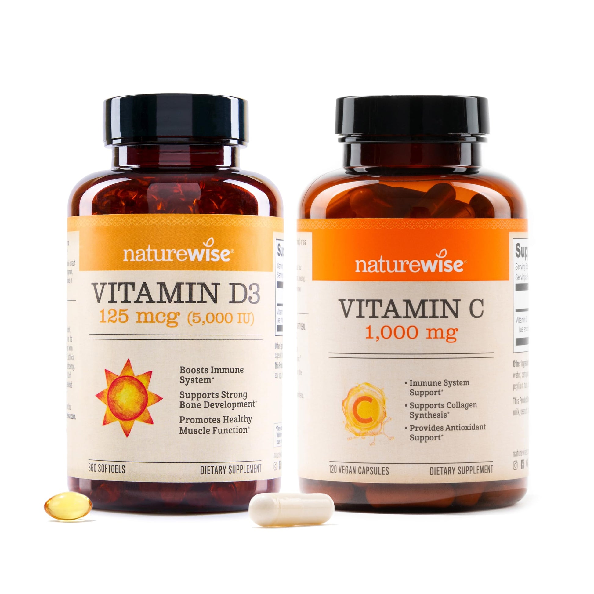 NatureWise Vitamin D3 5000IU (125mg) Capsules 360 Count + Vitamin C 1000mg Capsules 120 Count Bundle