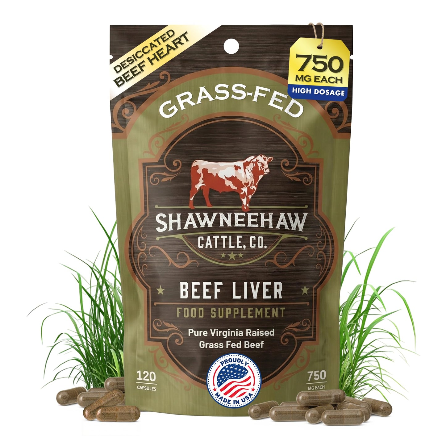 Shawneehaw Cattle, Co. Beef Liver Capsules 3000mg Grass-Fed Freeze-Dried, 120 Capsules