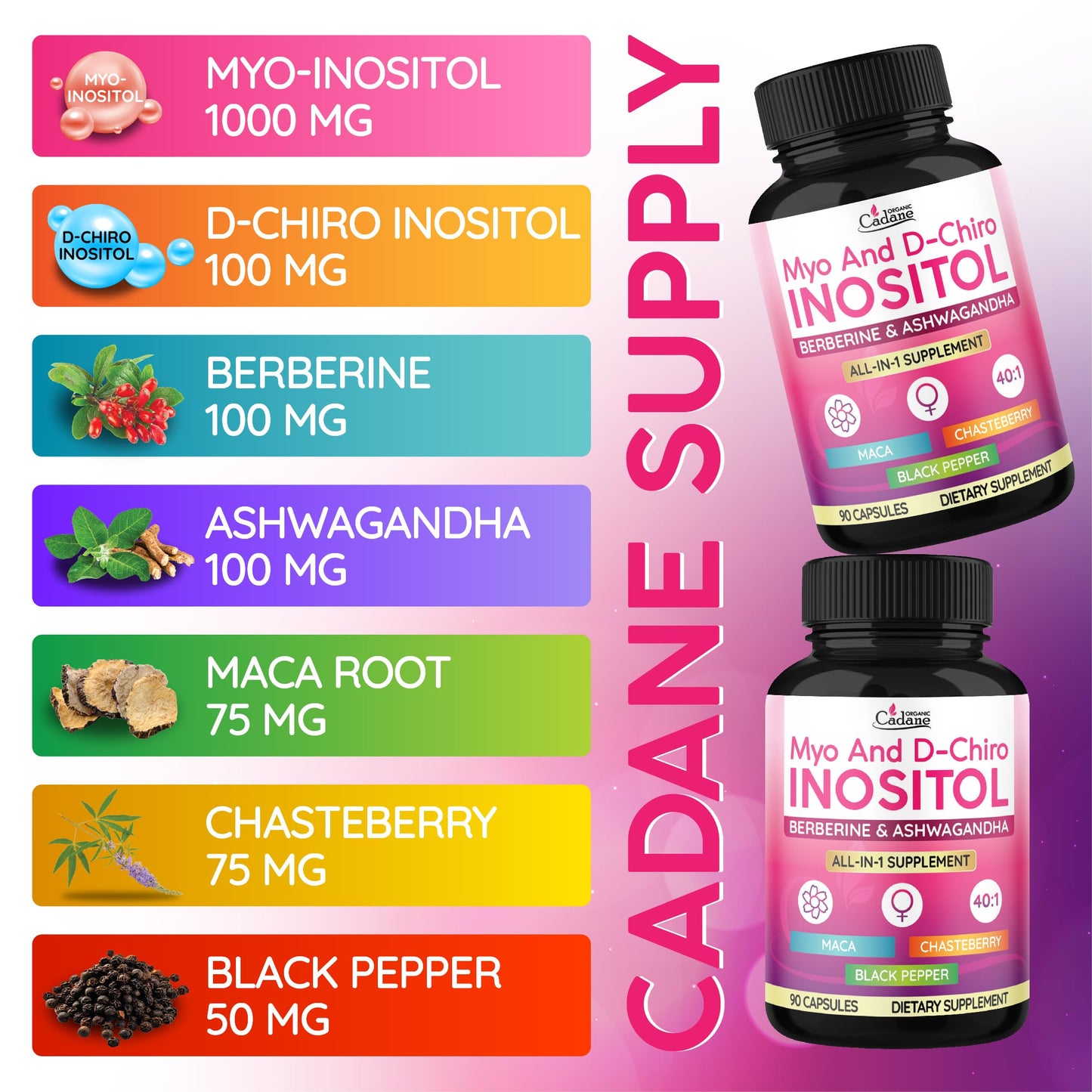 Organic Cadane Myo & D-Chiro Inositol Supplement Capsules, 90 Capsules