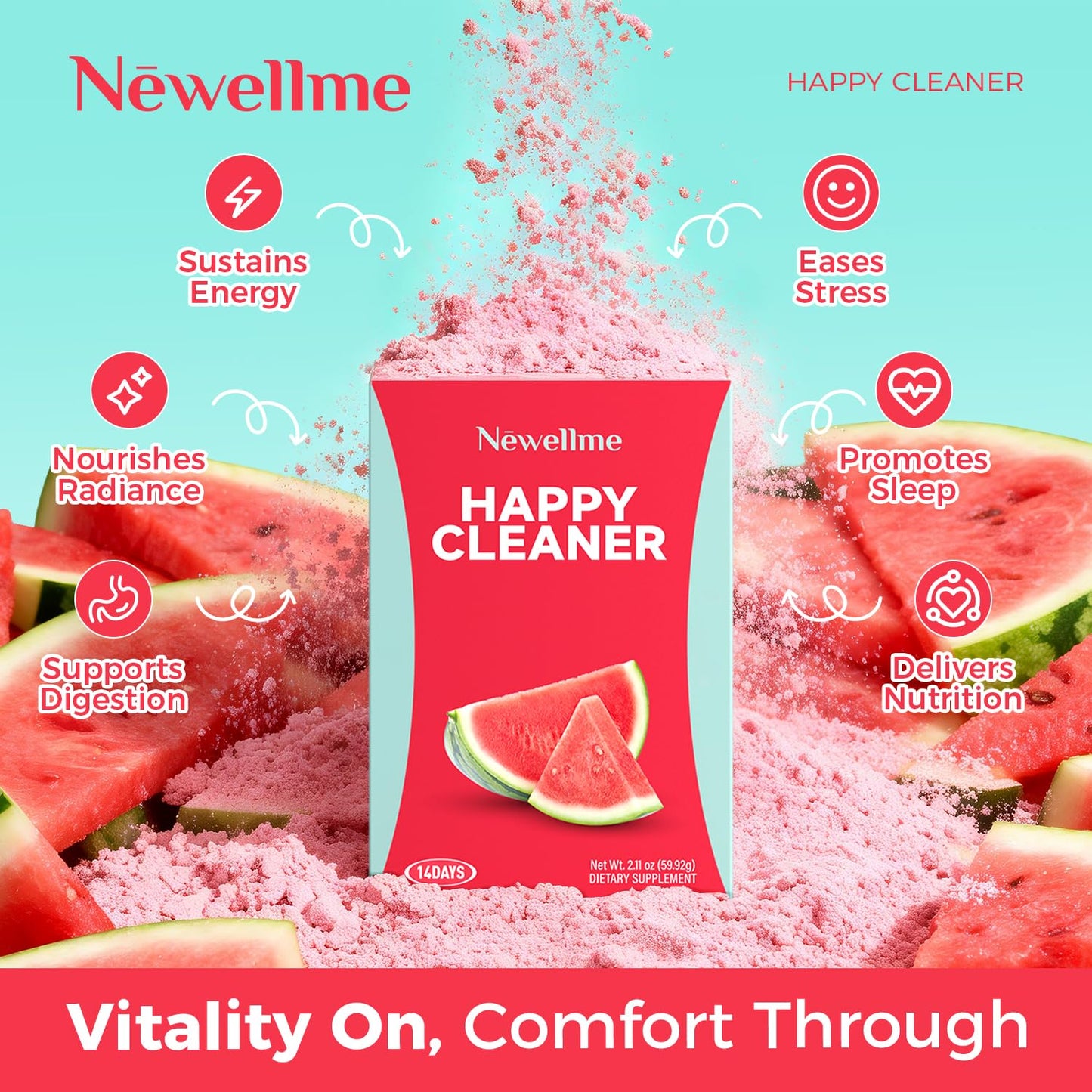NEWELLME Happy Cleaner Superfood Powder, Watermelon Flavor, 4.4 oz, 14 Packets