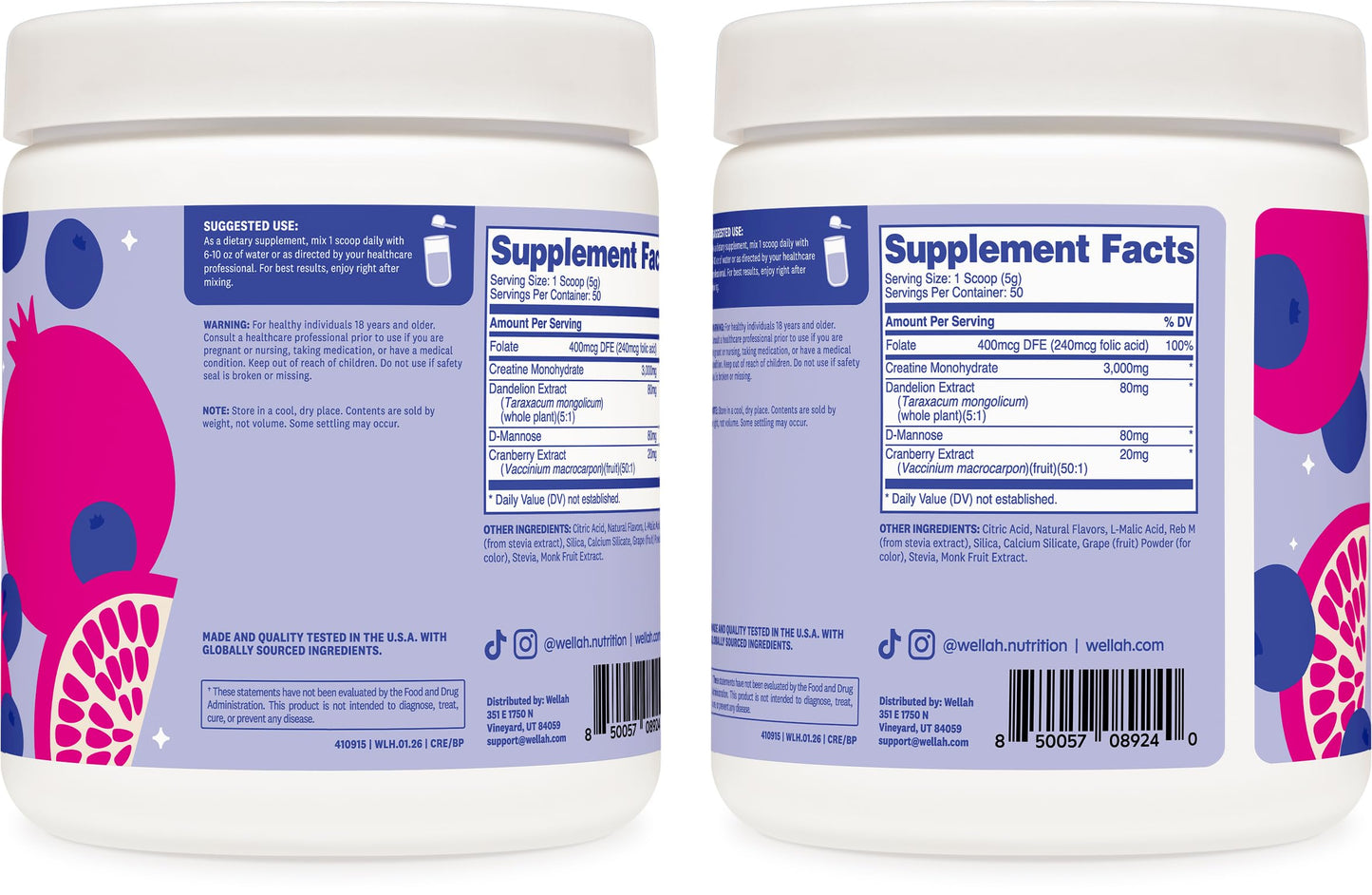 Wellah Creatine for Women (Blueberry Pomegranate) Powder 50 Servings