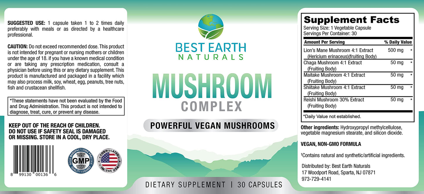 Best Earth Naturals Vegan Mushroom Complex Capsules 30 Count