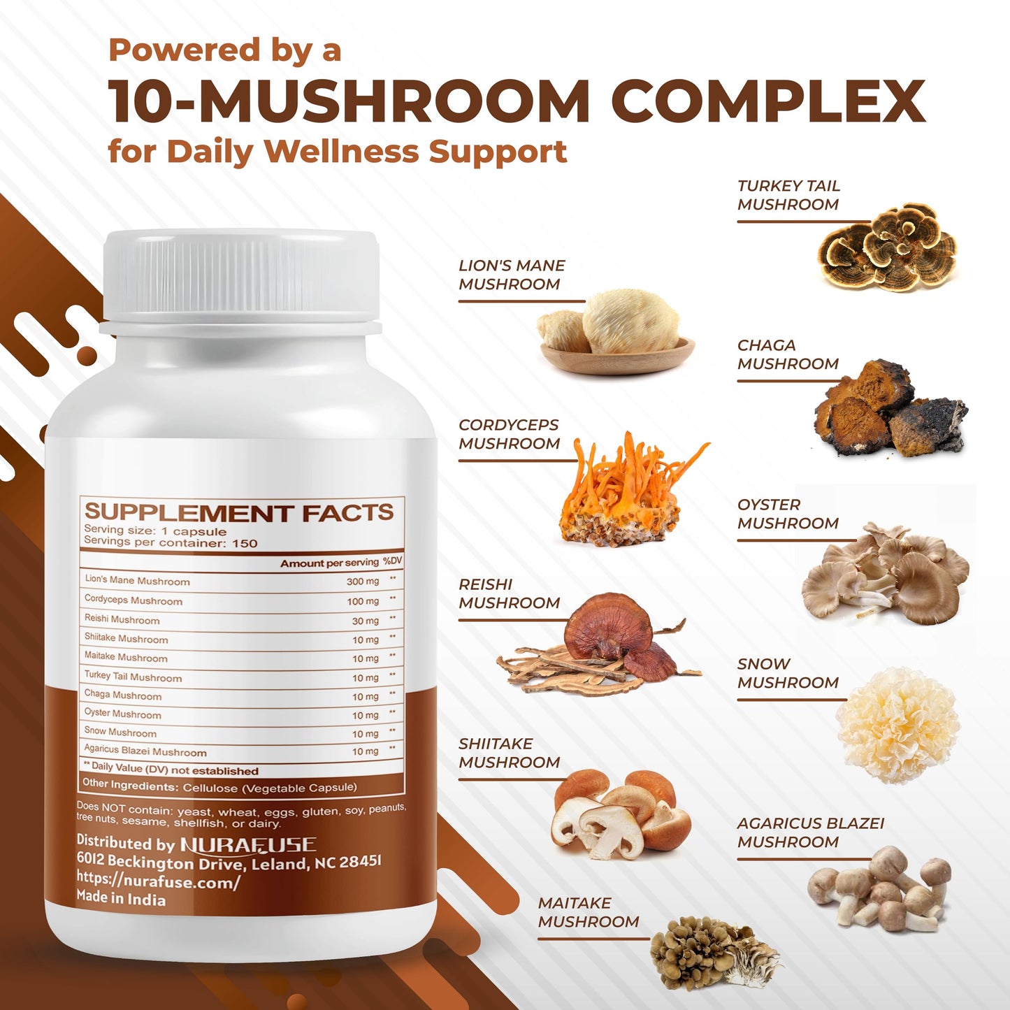 NURAFUSE Organic Mushroom 10-in-1 Formula Capsules, 150 Count