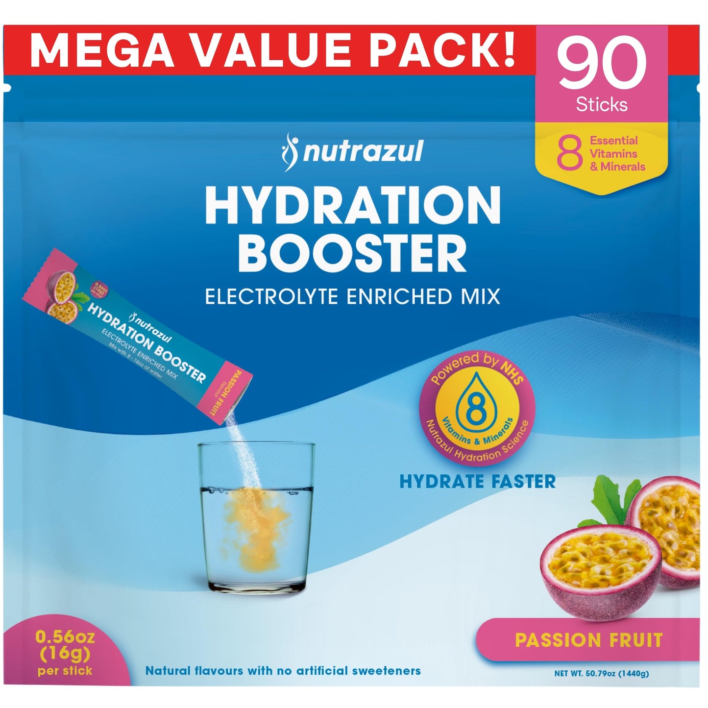 Nutrazul Hydration Booster, Electrolytes Powder Sticks 90 Sticks
