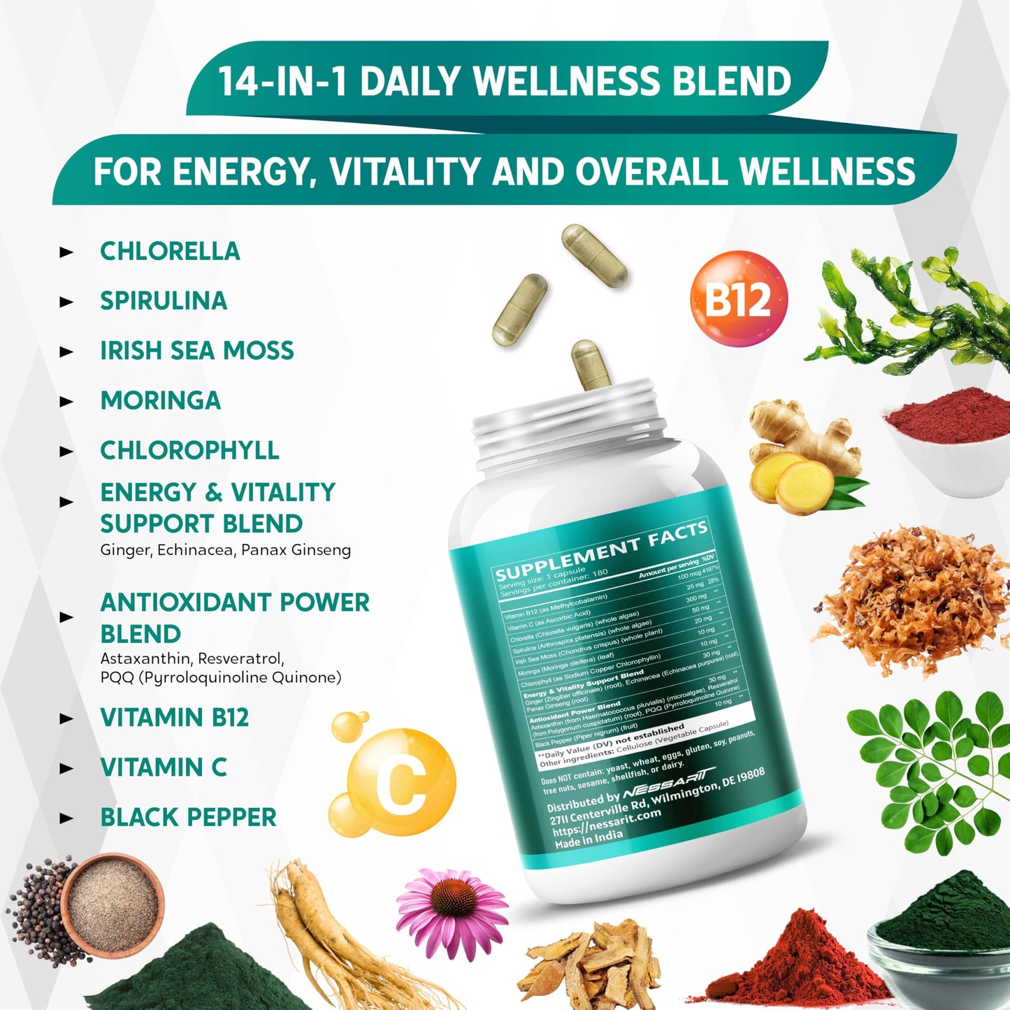 NESSARIT Chlorella, Spirulina, Irish Sea Moss, Moringa & Chlorophyll Capsules, 180