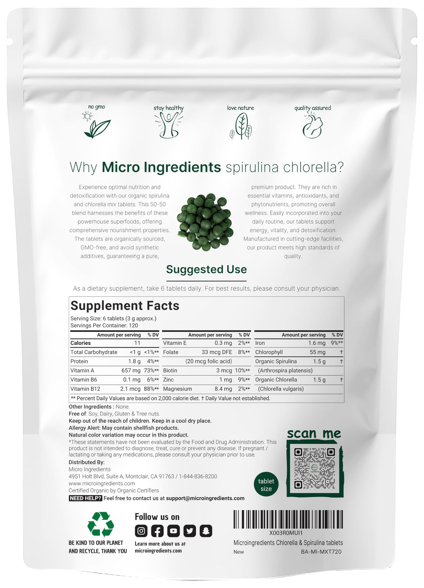 Micro Ingredients Organic Chlorella Spirulina 3000mg Tablets, Vitamin D3 5000IU + K2 100mcg Bundle, 2 Pack