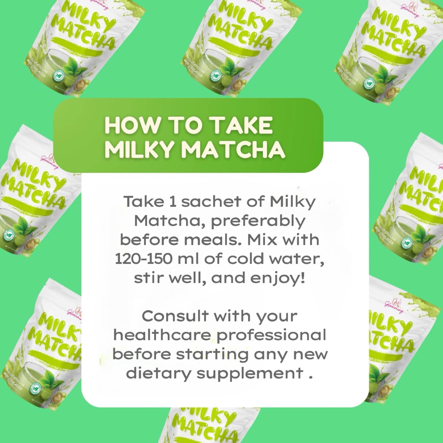 Generic Glowming Milky Matcha Glutathione and Collagen Drink Powder, 7 Sachets
