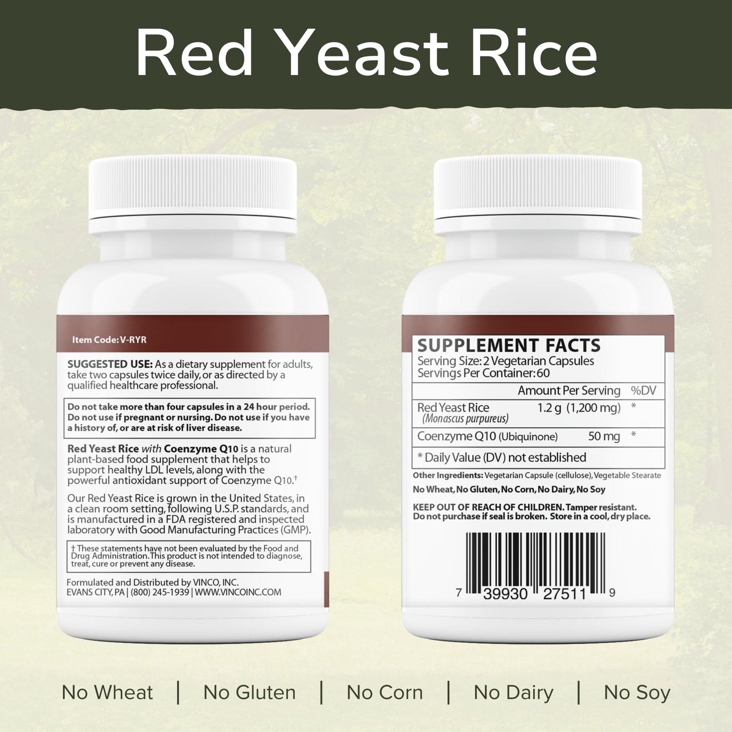 Vinco Red Yeast Rice with Coenzyme Q10 Dietary Supplement Capsules, 120 Count