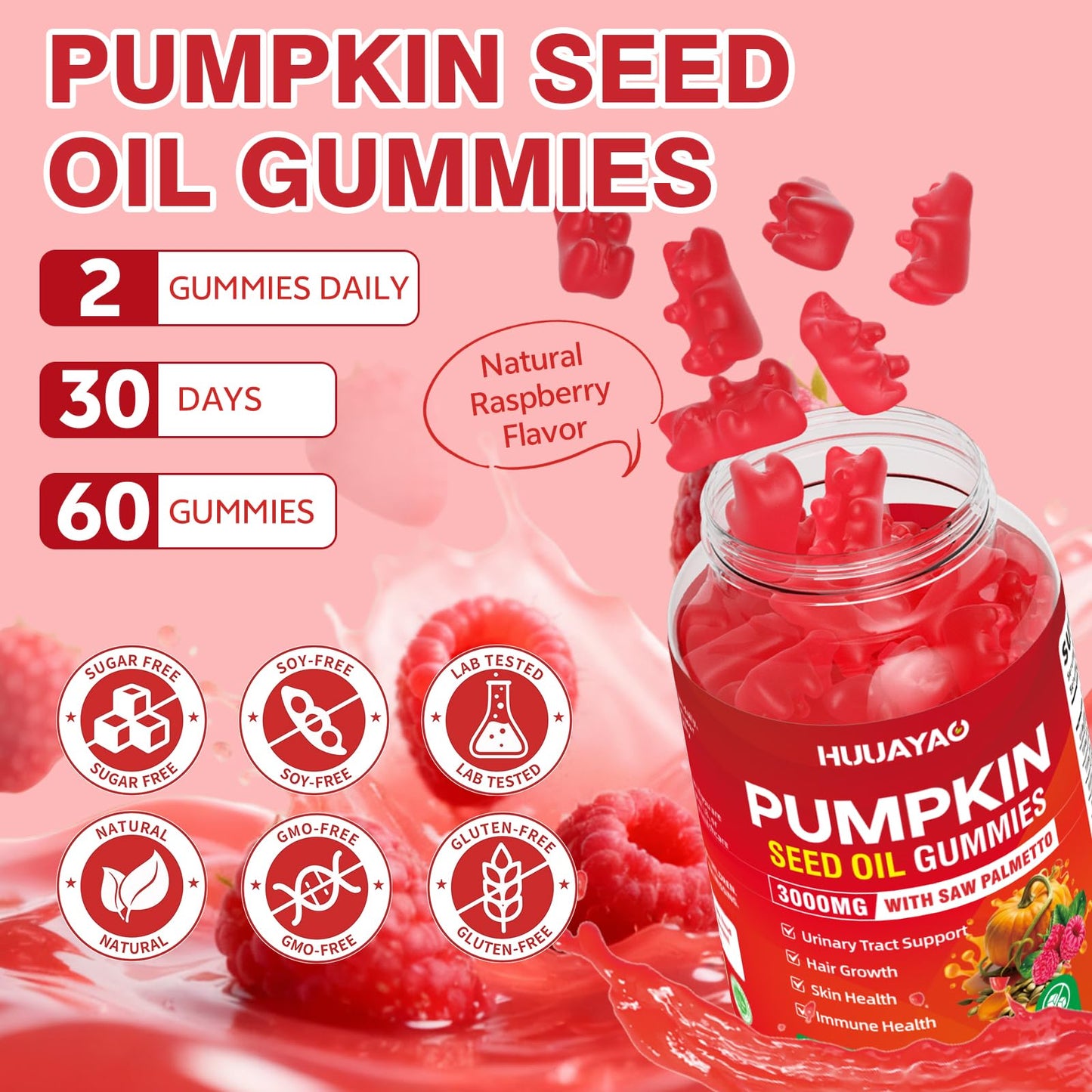 HUUAYAO Pumpkin Seed Oil Gummies 3000MG with Saw Palmetto, Organic Pumpkin Seed Oil, Raspberry Flavor, 120 Gummies
