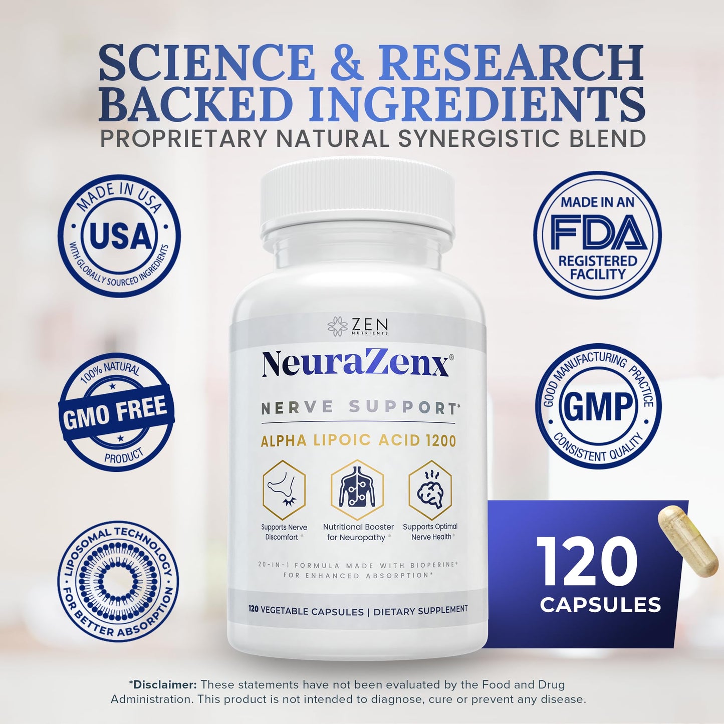 Zen Nutrients 1200mg Alpha Lipoic Acid R Matrix + Benfotiamine + B Complex Nerve Support NeuraZenX Neuropathy Support Supplement with L-Carnitine and Turmeric, 120 Capsules
