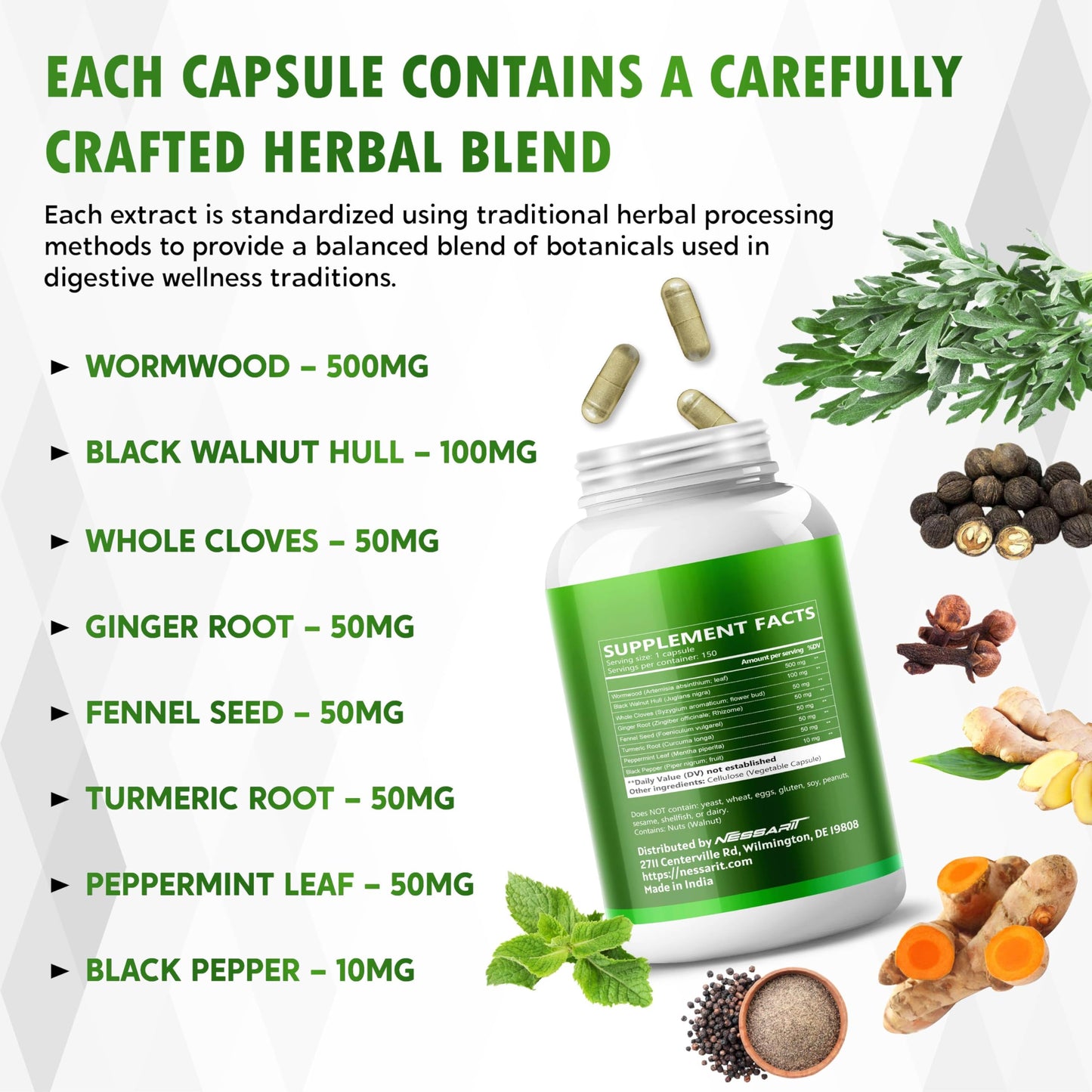 NESSARIT Wormwood Capsules with Black Walnut, Turmeric, Ginger, Whole Cloves, Fennel, Peppermint & Black Pepper, Botanical Supplement, 150 Count