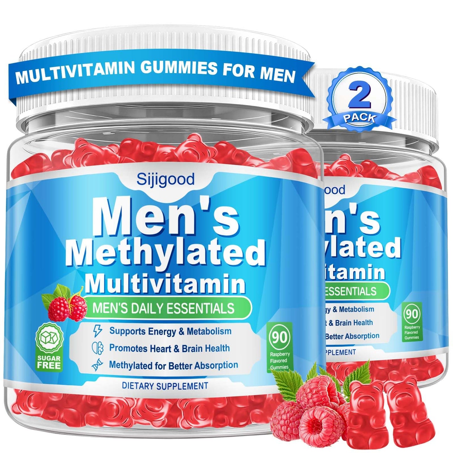 Sijigood Mens Multivitamins Gummies - Methylated Multivitamin for Men with Vitamin A C D E K, B Complex, Minerals, Omega-3, Supports Daily Energy, Immunity, Heart & Brain Health Raspberry Flavor, 180 Gummies