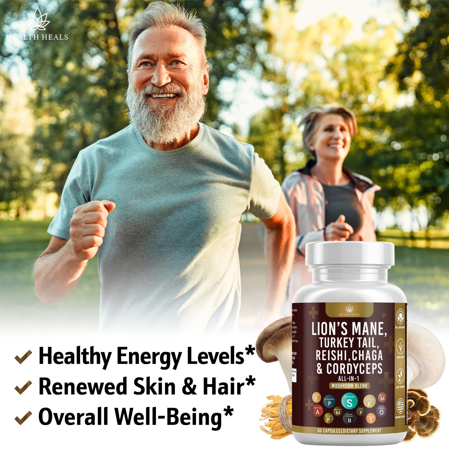 Health Heals Mushroom Supplement with Lion's Mane, Turkey Tail, Reishi, Cordyceps, Chaga, Marshmallow Root Capsules, 120 Count