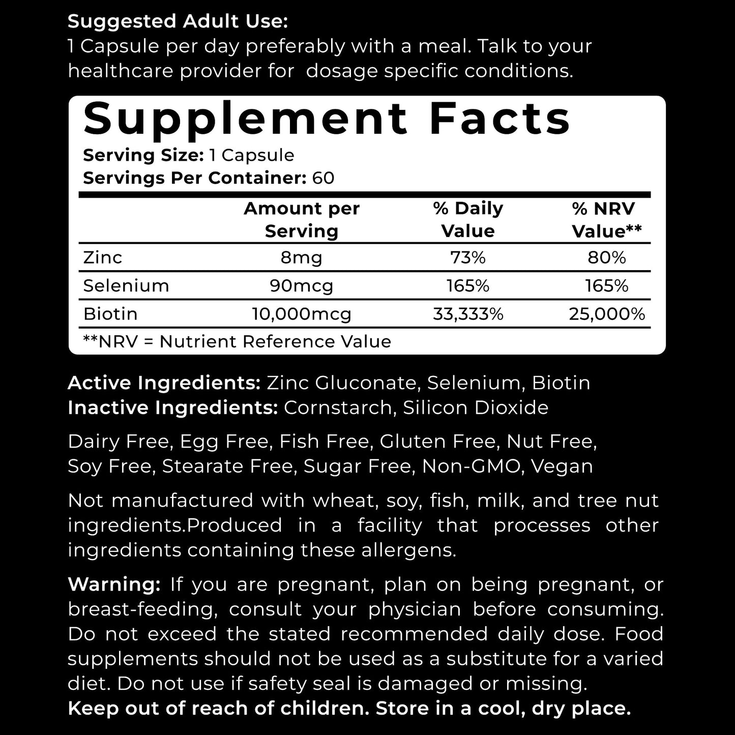VWS Biotin 10,000 mcg Dietary Supplement with Zinc & Selenium for Hair, Nails & Skin – 60 Capsules