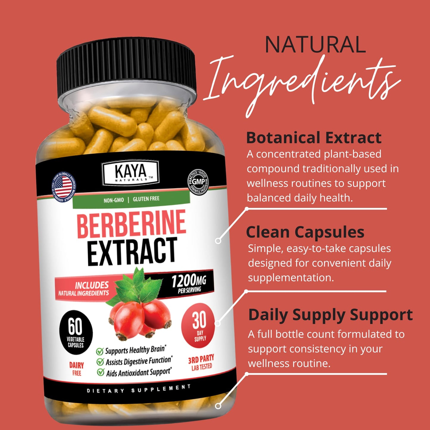Kaya Naturals Berberine HCL Extract 1200mg Capsule, 60 Count