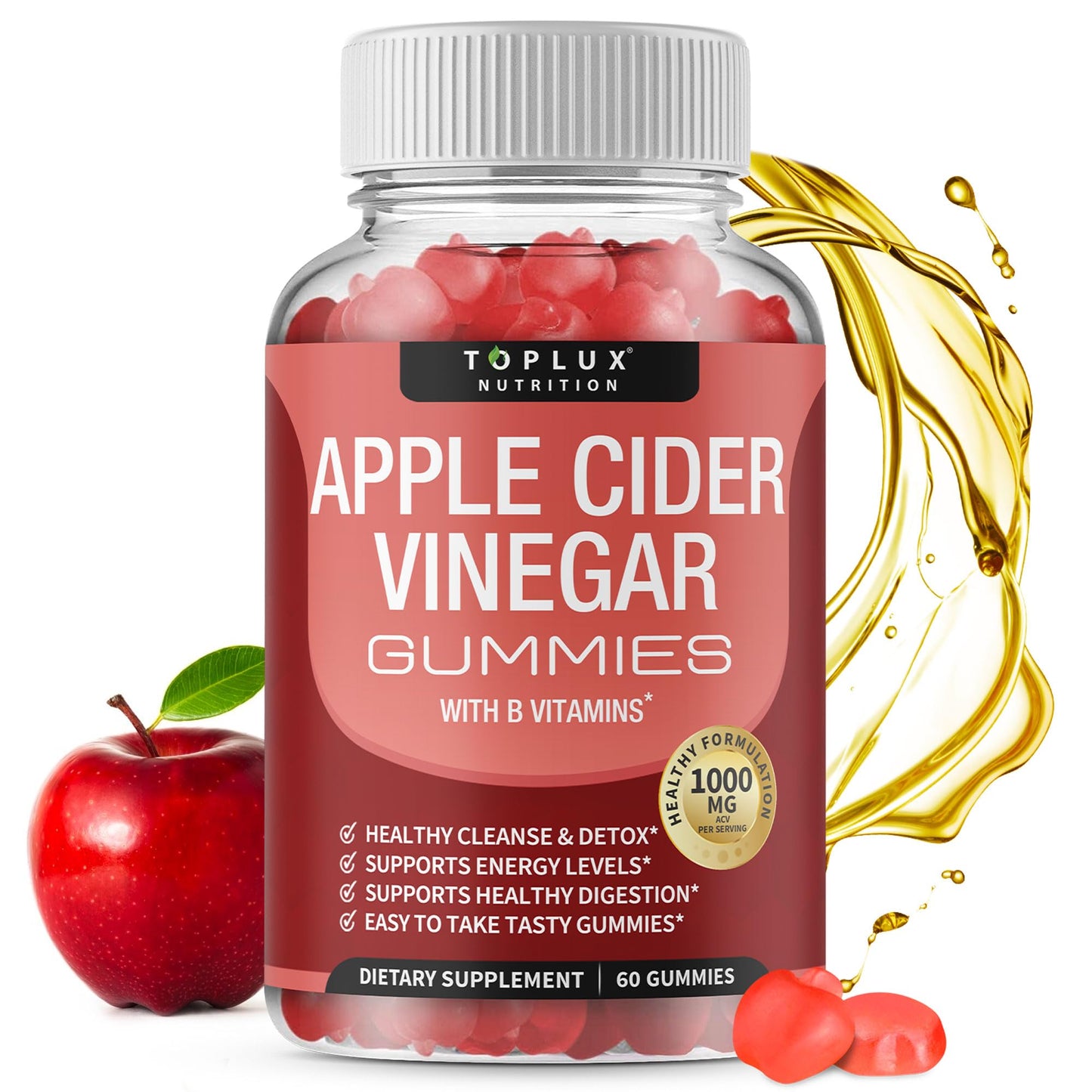 Toplux Apple Cider Vinegar Gummies - 1000mg ACV with B12, Beet Root, Pomegranate, Detox & Immune Support, 60 Gummies