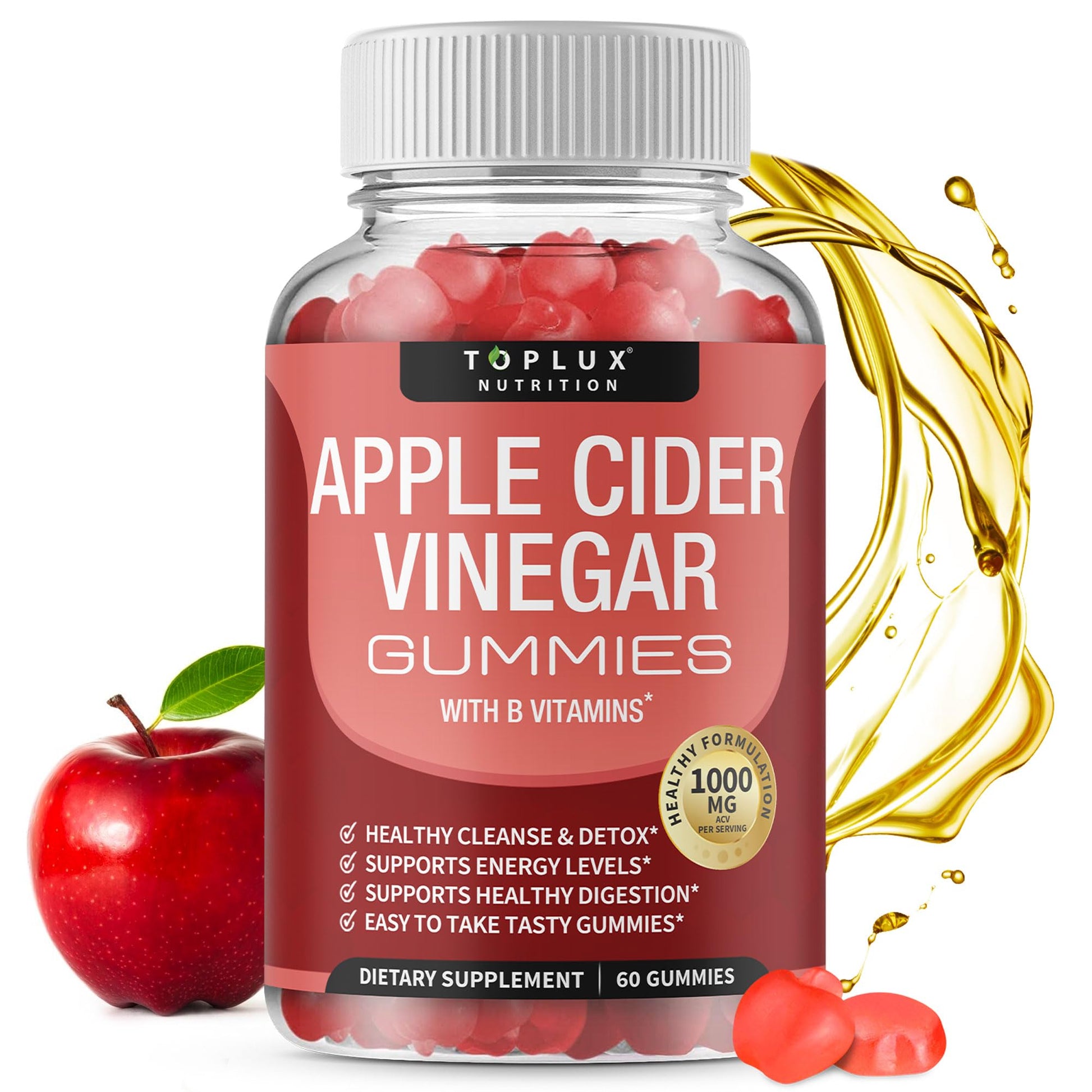 Toplux Apple Cider Vinegar Gummies - 1000mg ACV with B12, Beet Root, Pomegranate, Detox & Immune Support, 60 Gummies