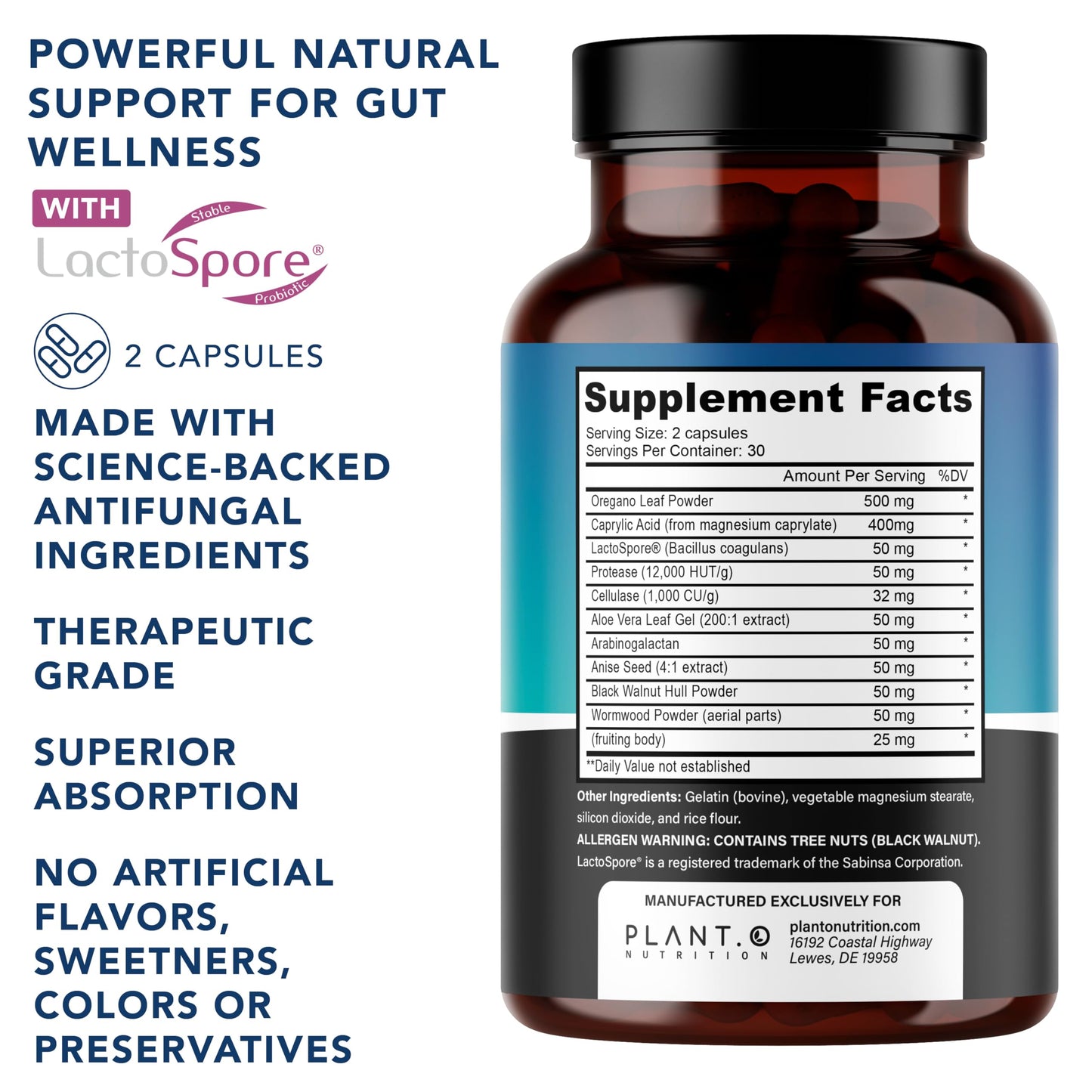 PLANT.O NUTRITION Candida Cleanse Supplement & Yeast Support with Probiotics (LactoSpore®), Oregano Oil, Caprylic Acid, Black Walnut – Advanced Gut Health, Digestive Enzymes, pH Balance for Women and Men, 60 Capsules
