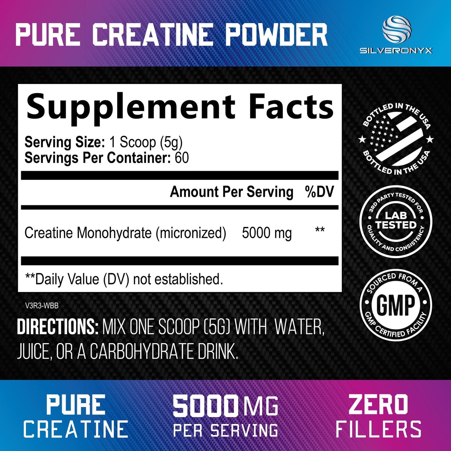 SILVERONYX Creatine Monohydrate Powder 5000mg Per Serving, 60 Servings