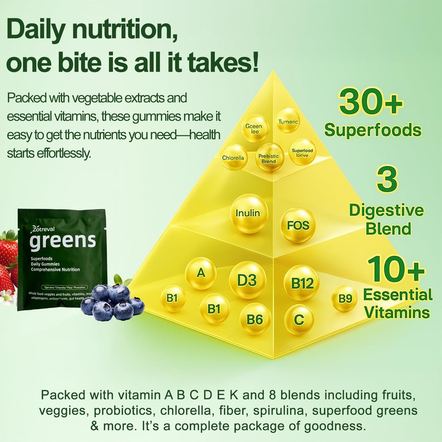 Zotreval Daily Greens Superfood Green Gummies with Chlorella & Spirulina, 1 Pack