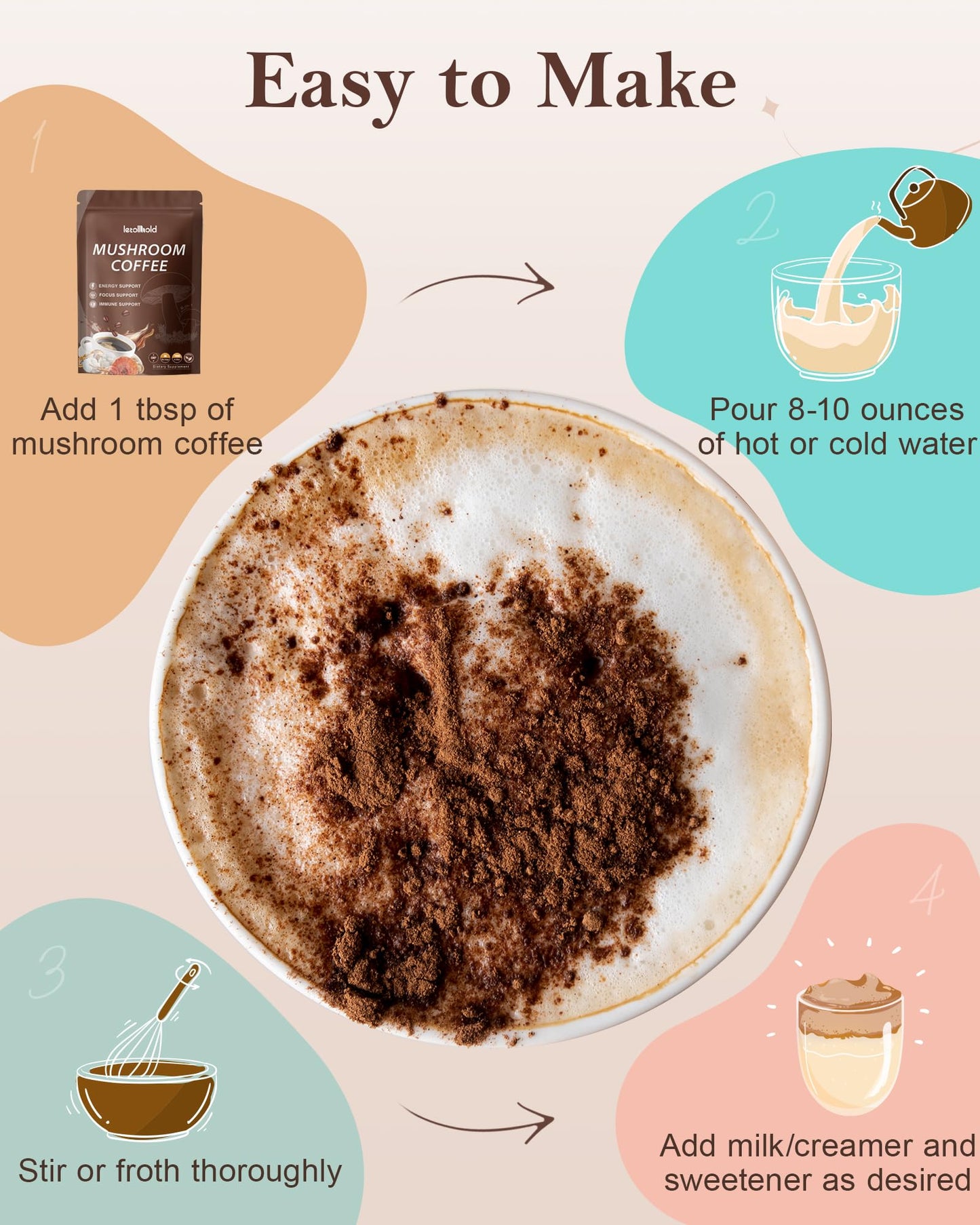 letollhold Mushroom Coffee 6-in-1 Adaptogenic Instant Mushroom Coffee with Cordyceps, Reishi, King Trumpet, Shiitake, Turkey Tail & Lion’s Mane for Energy, Digestion & Immunity Support Powder 6.3 oz