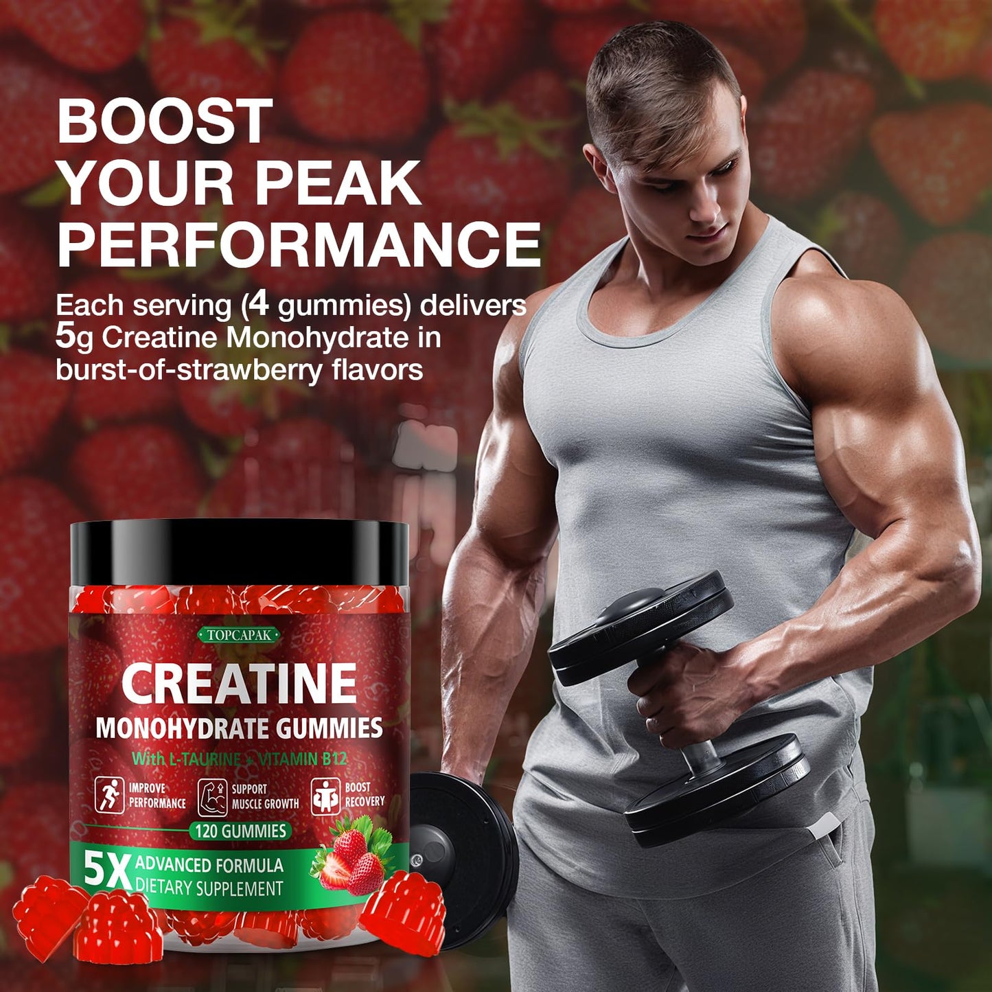 TOPCAPAK Creatine Monohydrate Gummies, 120 Gummies