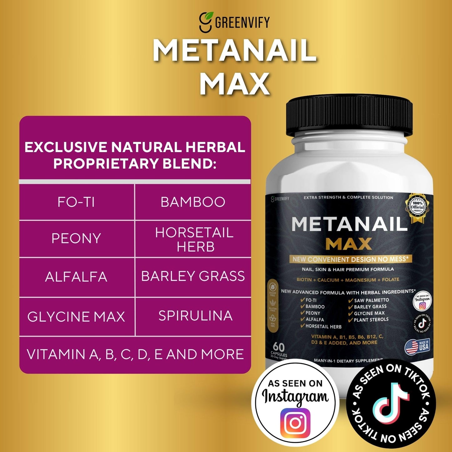 GREENVIFY Metanail Max Hair, Skin & Nail Supplement Capsules 180