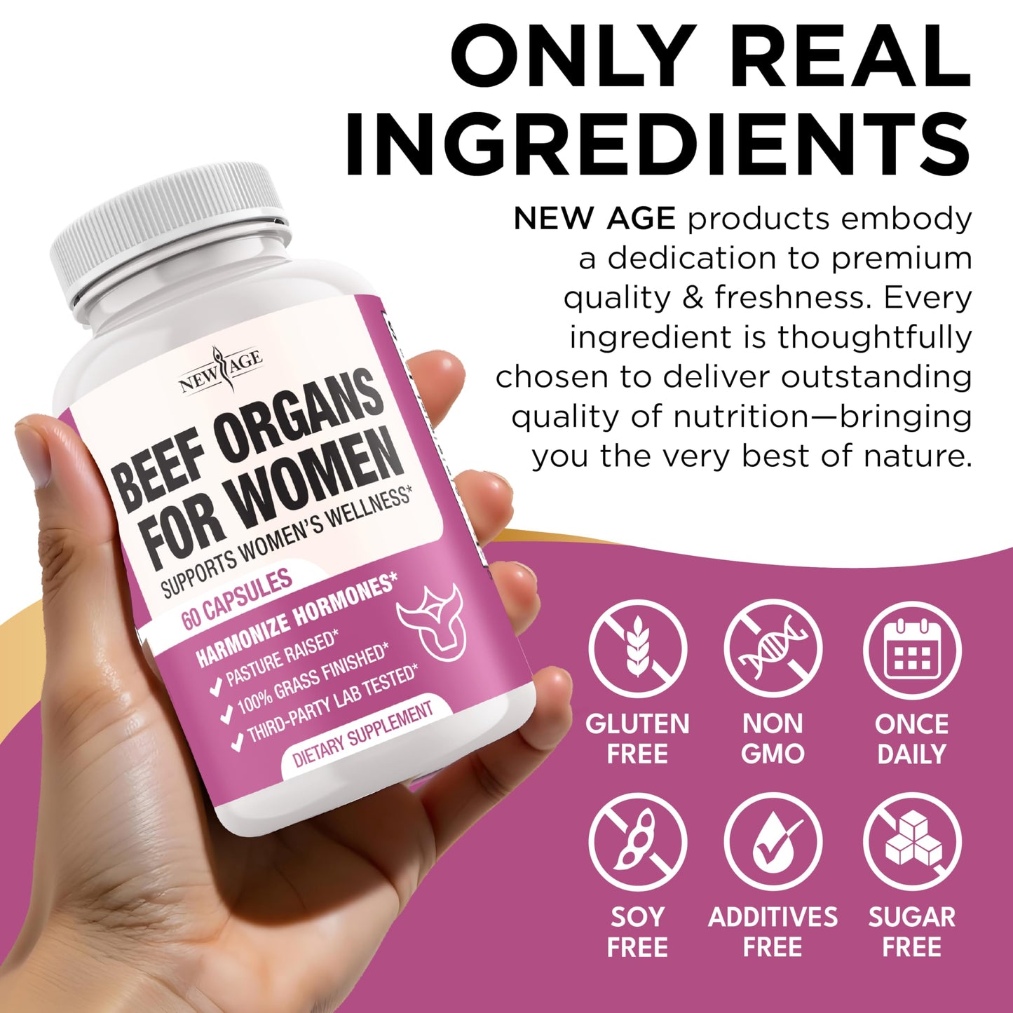 NEW AGE Beef Organ Supplement for Women - Beef Liver, Kidney, Heart and Uterus Tissue, 60 Capsules