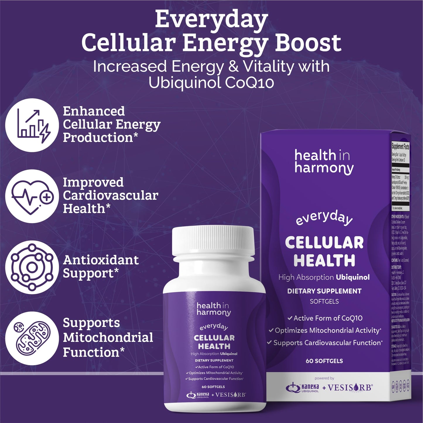 Health In Harmony Ubiquinol CoQ10 with Vesisorb Everyday Cellular Health Supplement Softgels 60