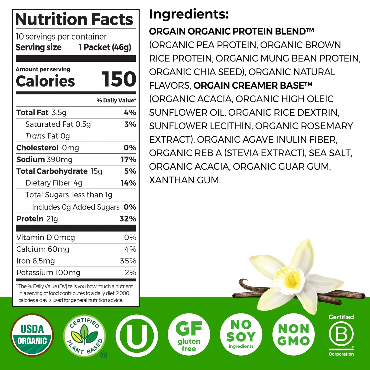 Orgain Organic Vegan Protein Powder, Vanilla Bean - 21g Plant Protein, 5g Prebiotic Fiber, Low Carb, No Lactose Ingredients, No Added Sugar, Non-GMO, 10 Single Serve Individual Packets