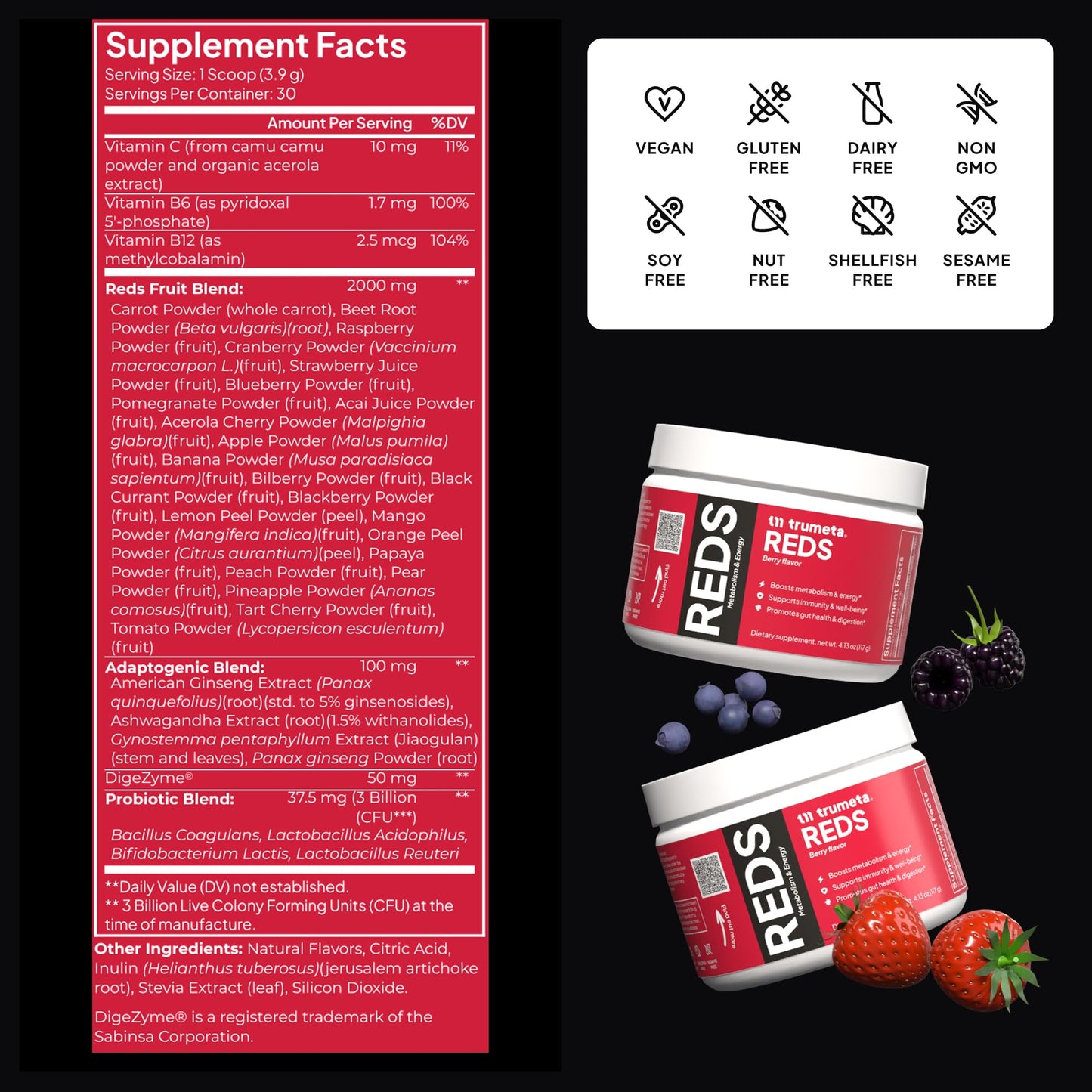 TRUMETA Reds Powder Metabolism and Energy, Berry Flavor Super Reds Superfood, Antioxidant Power Red Fruit and Vegetable Blend, Adaptogens & Probiotics, Vegan & Non-GMO, 4.13