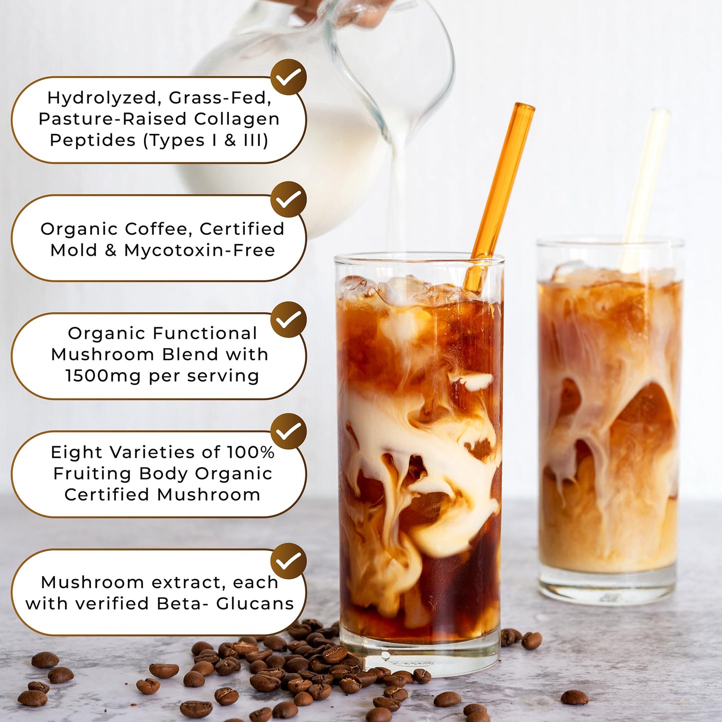 PowderVitamin Organic Mushroom Coffee with Grass-Fed Collagen Types I & III, 8 Fruiting Body Mushrooms, 8.5 Ounce Powder