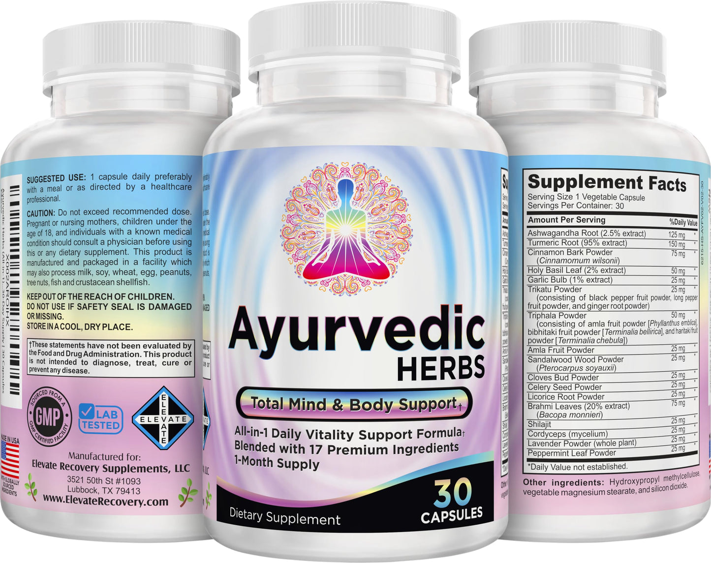Elevate Recovery Supplements Ayurvedic Herbs 17-in-1 Supplement Capsule, 30 Count